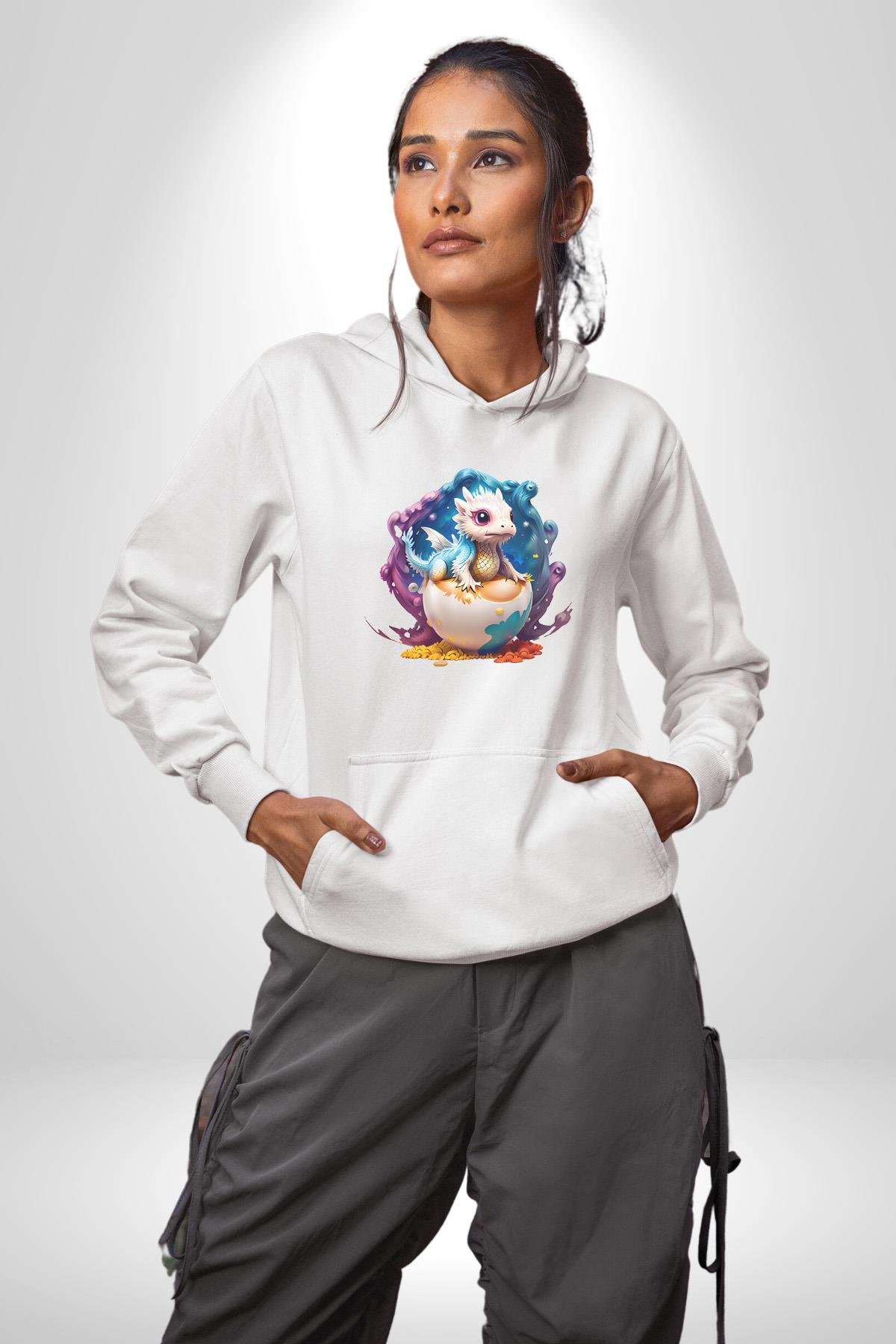 Sevimli Bebek Ejderha Elmas Yumurta Kadın Erkek Çocuk Beyaz Kapüşonlu Sweatshirt Hoodie