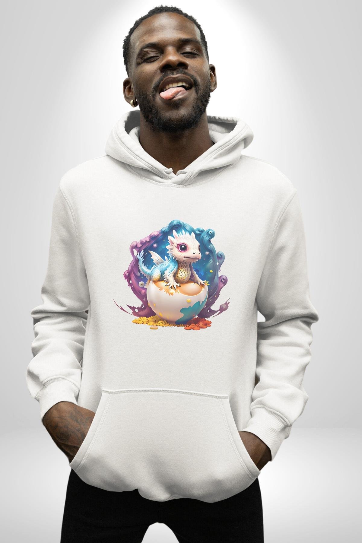 Sevimli Bebek Ejderha Elmas Yumurta Kadın Erkek Çocuk Beyaz Kapüşonlu Sweatshirt Hoodie
