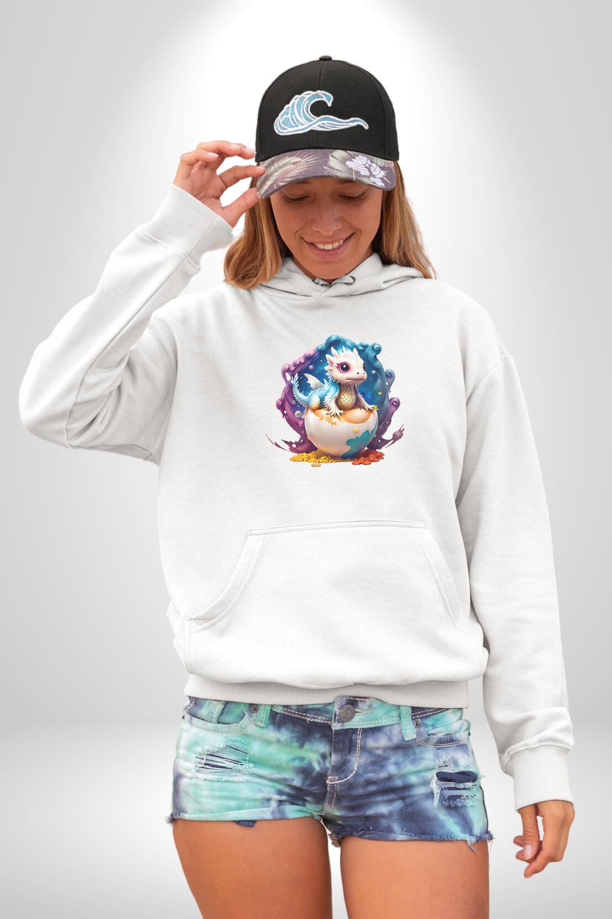 Sevimli Bebek Ejderha Elmas Yumurta Kadın Erkek Çocuk Beyaz Kapüşonlu Sweatshirt Hoodie