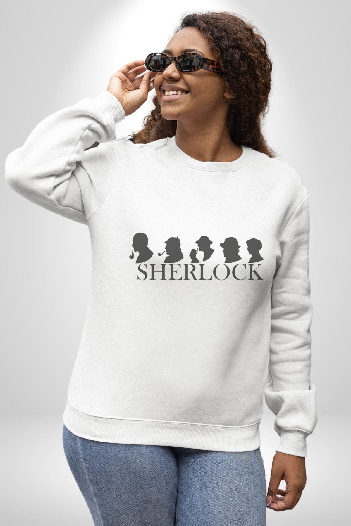 Sherlock Kadın Erkek Çocuk Beyaz Baskılı Sweatshirt 