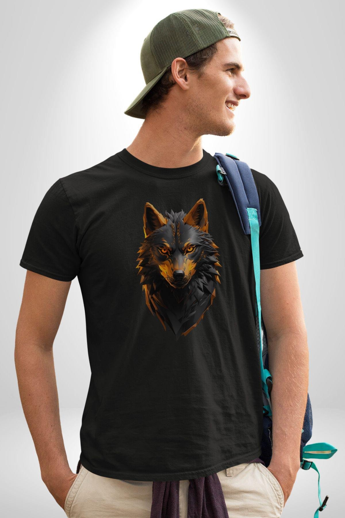 Siyah Ateşli Sinirli Kurt  Kadın Erkek Unisex Siyah Organik Baskılı T-Shirt