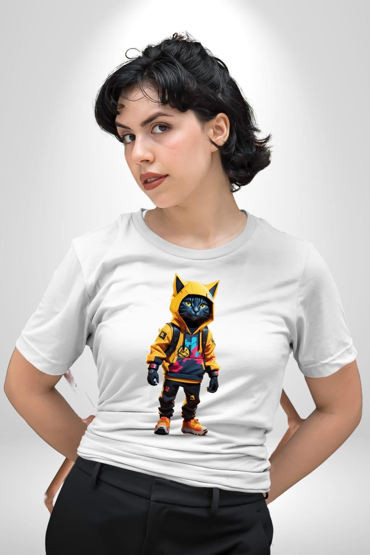 Spor Eşofman Takımı Sarı Kedi İnsan Kadın Erkek Unisex Beyaz Organik Baskılı T-Shirt