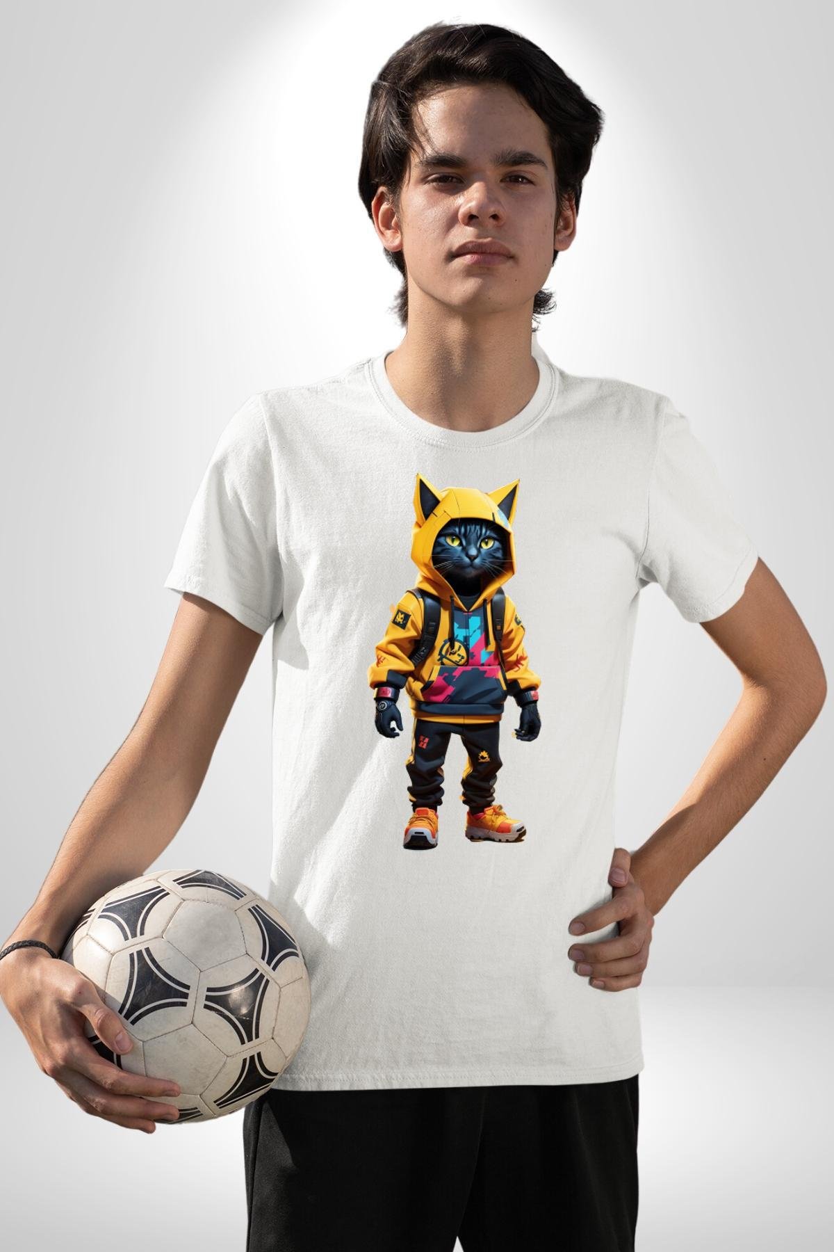 Spor Eşofman Takımı Sarı Kedi İnsan Kadın Erkek Unisex Beyaz Organik Baskılı T-Shirt