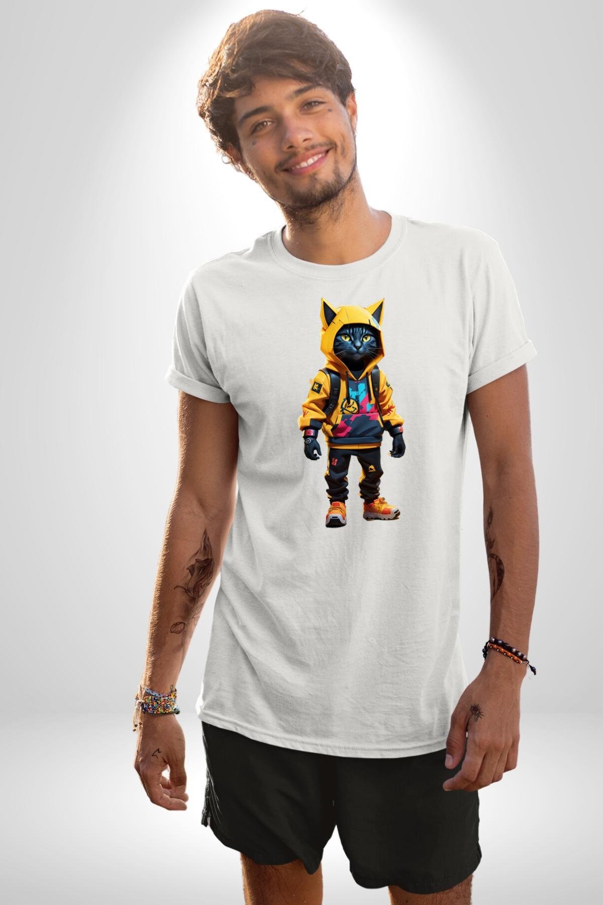 Spor Eşofman Takımı Sarı Kedi İnsan Kadın Erkek Unisex Beyaz Organik Baskılı T-Shirt