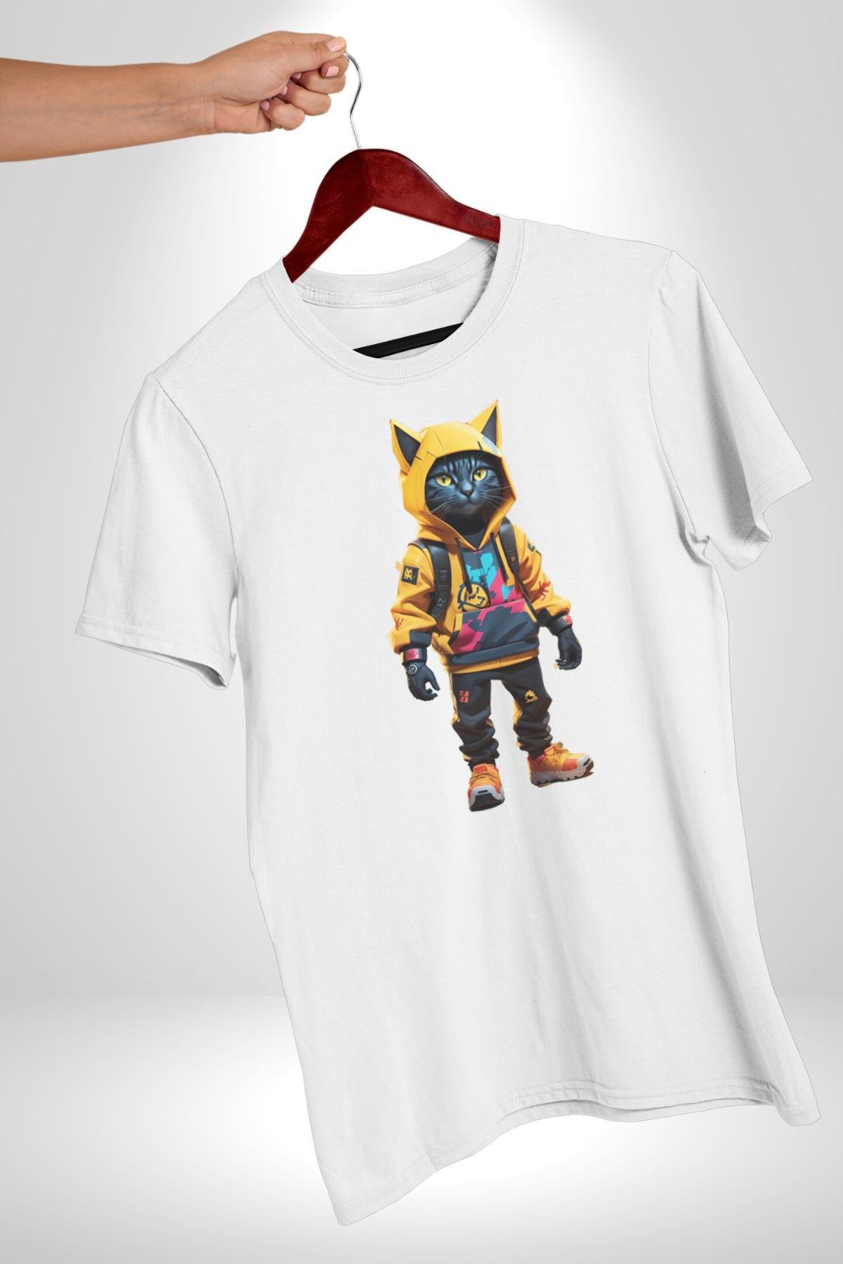 Spor Eşofman Takımı Sarı Kedi İnsan Kadın Erkek Unisex Beyaz Organik Baskılı T-Shirt