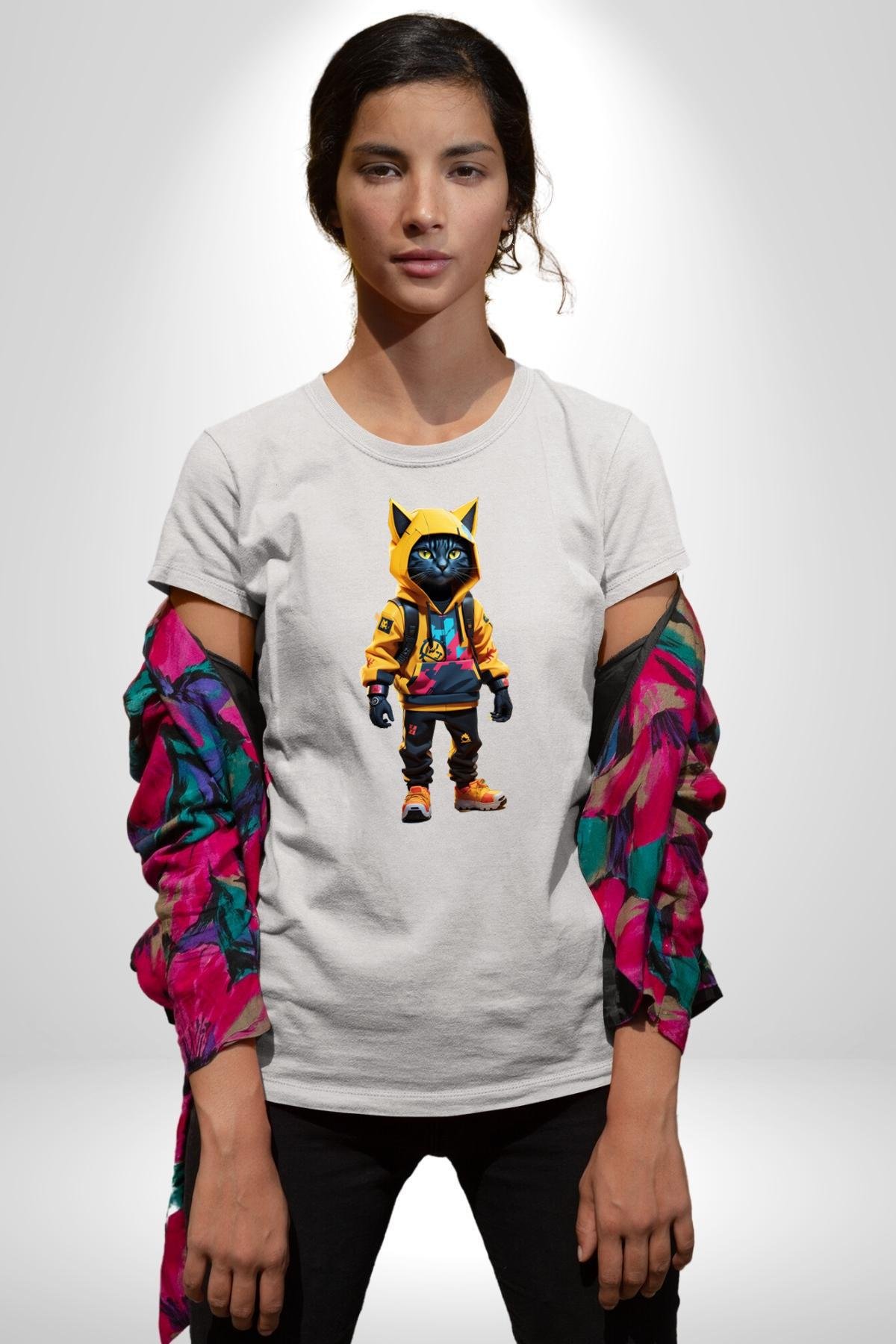 Spor Eşofman Takımı Sarı Kedi İnsan Kadın Erkek Unisex Beyaz Organik Baskılı T-Shirt