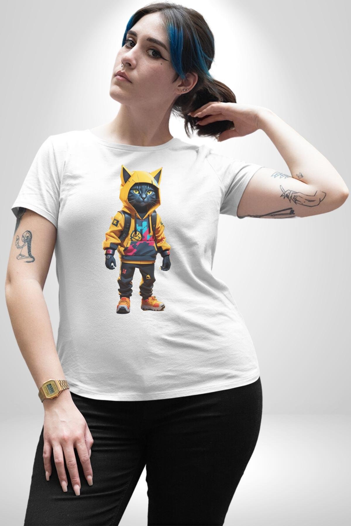 Spor Eşofman Takımı Sarı Kedi İnsan Kadın Erkek Unisex Beyaz Organik Baskılı T-Shirt