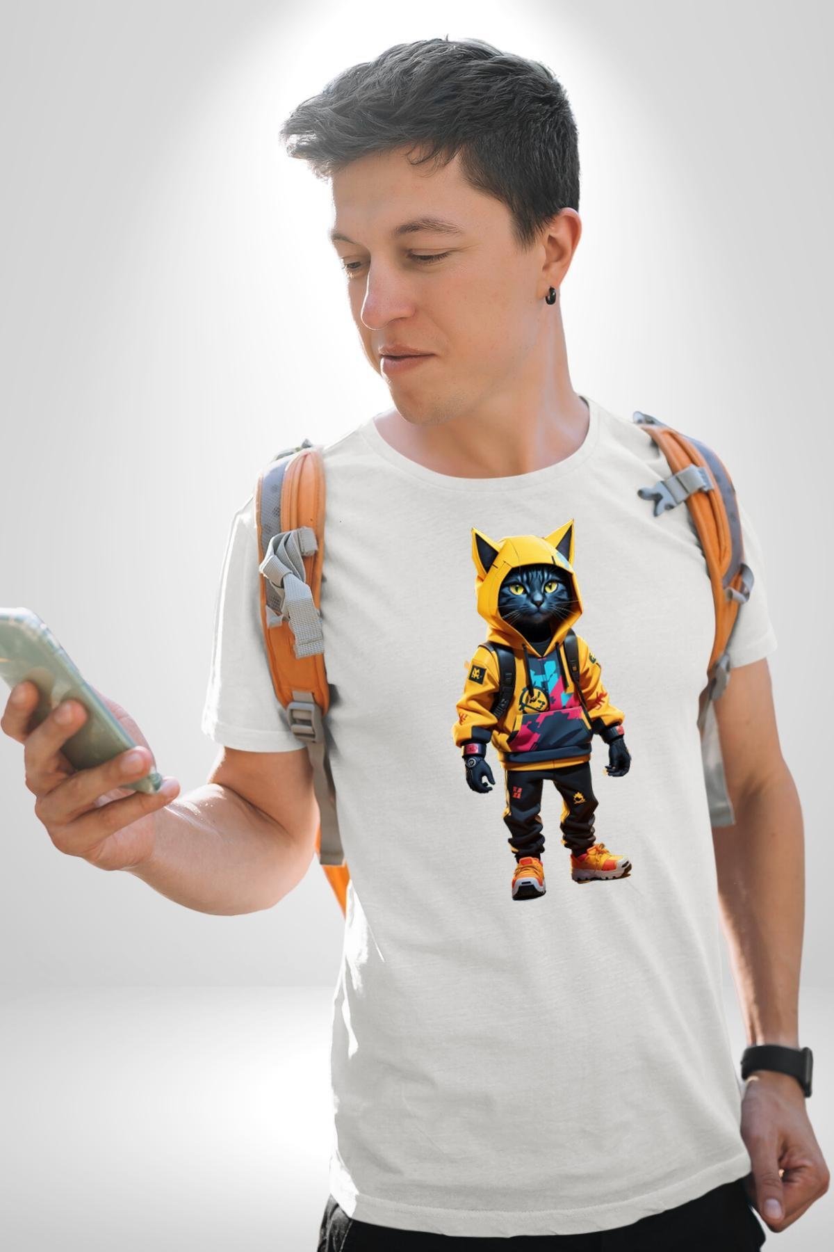 Spor Eşofman Takımı Sarı Kedi İnsan Kadın Erkek Unisex Beyaz Organik Baskılı T-Shirt