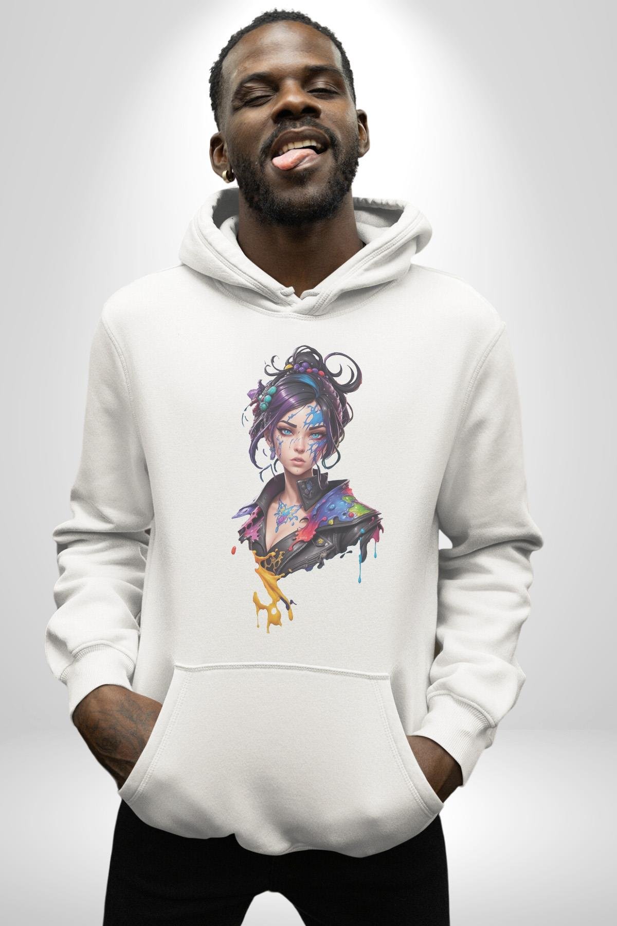 Süper Robot Kız Sulu Boya  Kadın Erkek Çocuk Beyaz Kapüşonlu Sweatshirt Hoodie