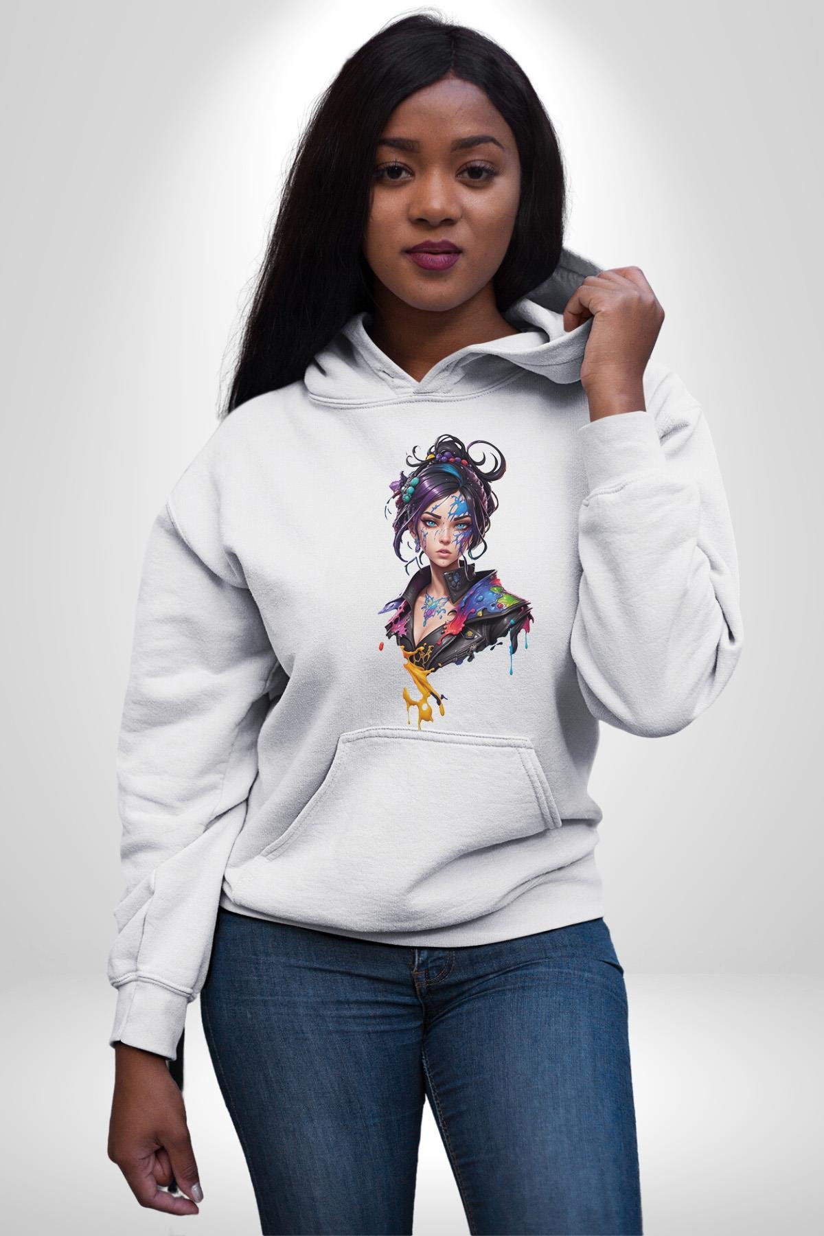 Süper Robot Kız Sulu Boya  Kadın Erkek Çocuk Beyaz Kapüşonlu Sweatshirt Hoodie