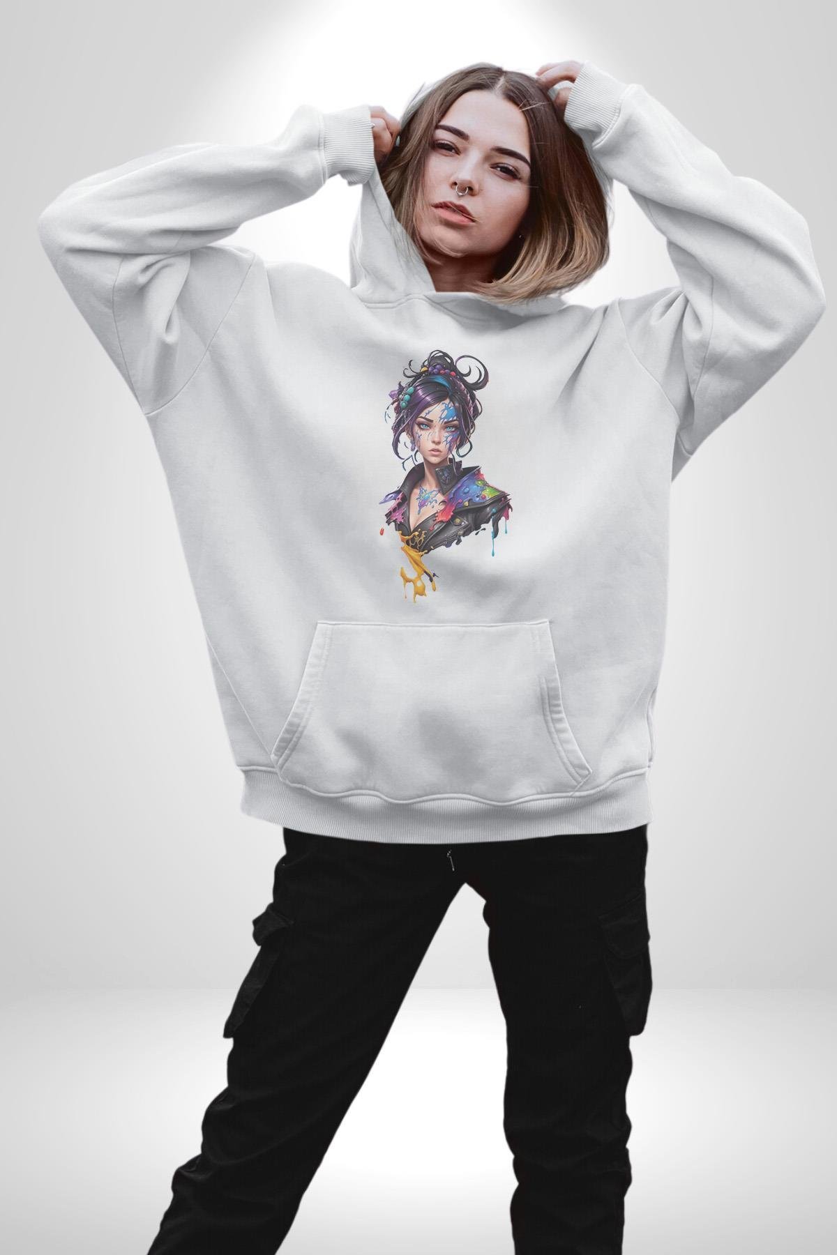 Süper Robot Kız Sulu Boya  Kadın Erkek Çocuk Beyaz Kapüşonlu Sweatshirt Hoodie