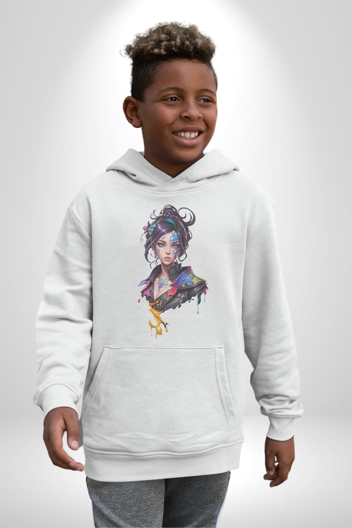 Süper Robot Kız Sulu Boya  Kadın Erkek Çocuk Beyaz Kapüşonlu Sweatshirt Hoodie