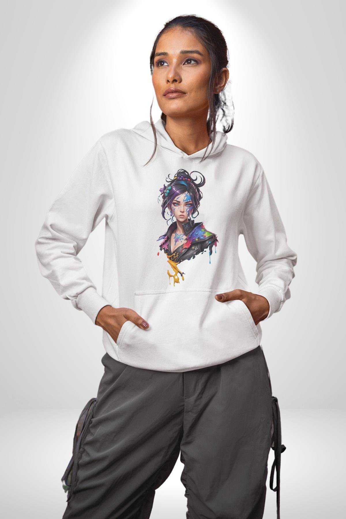 Süper Robot Kız Sulu Boya  Kadın Erkek Çocuk Beyaz Kapüşonlu Sweatshirt Hoodie