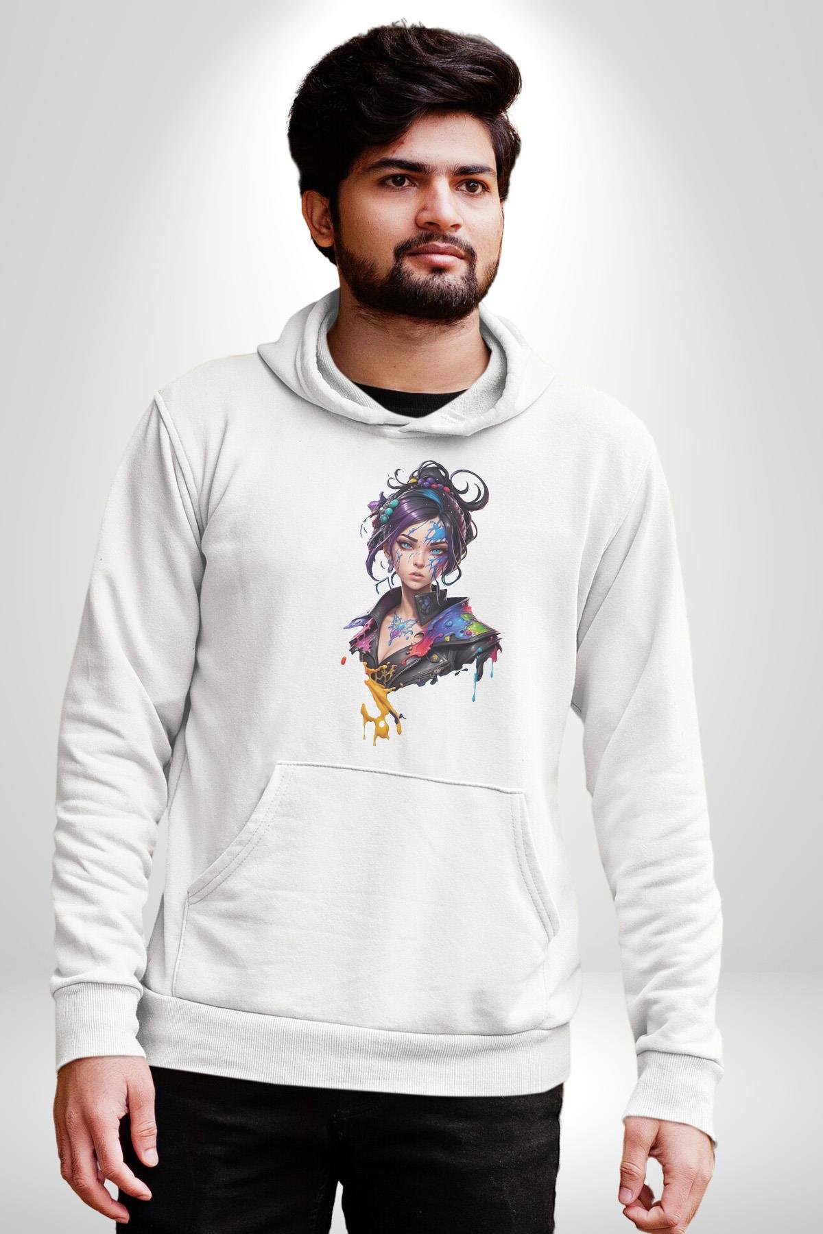 Süper Robot Kız Sulu Boya  Kadın Erkek Çocuk Beyaz Kapüşonlu Sweatshirt Hoodie