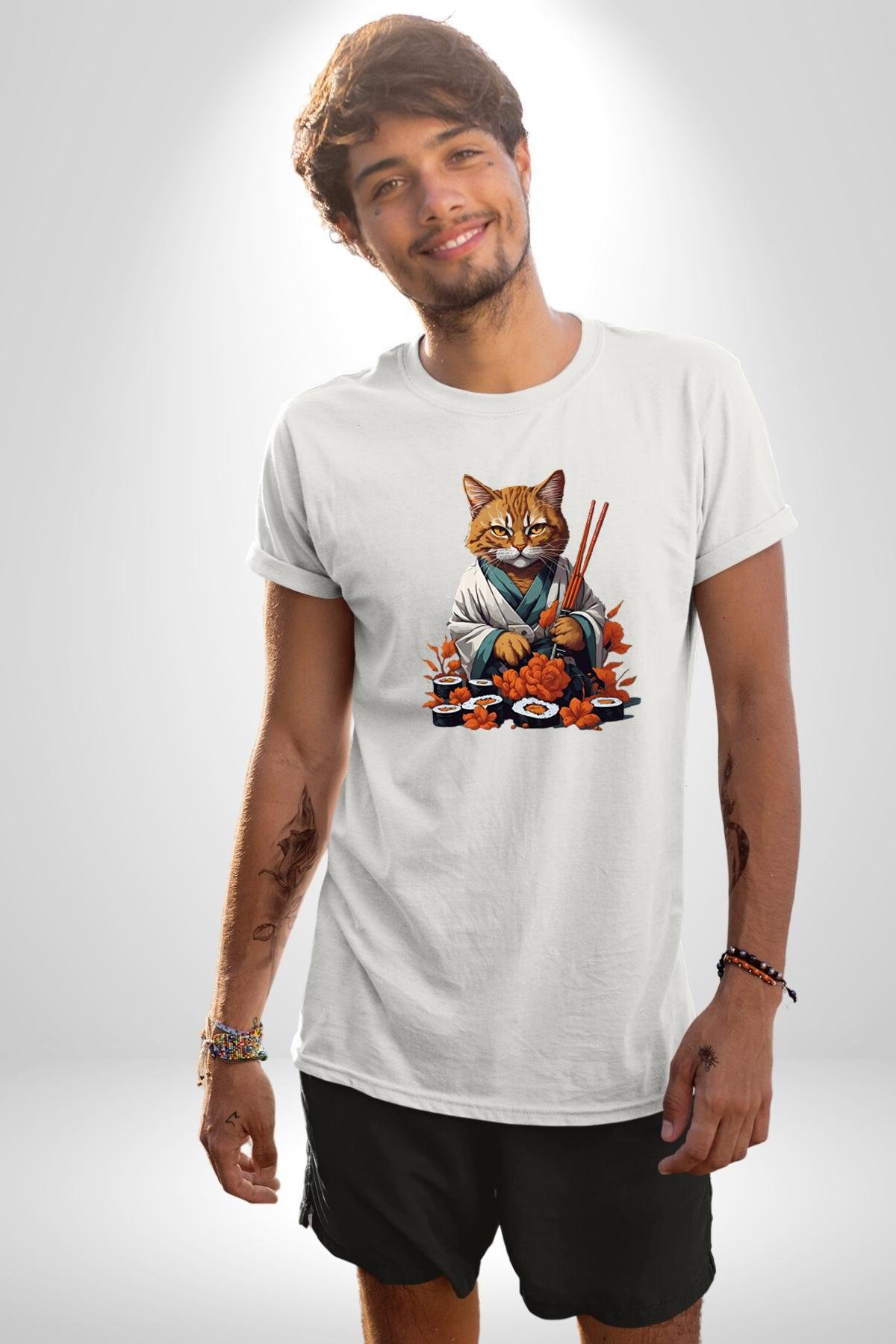 Suşi Balık Çiçek Japon Kedi  Kadın Erkek Unisex Beyaz Organik Baskılı T-Shirt