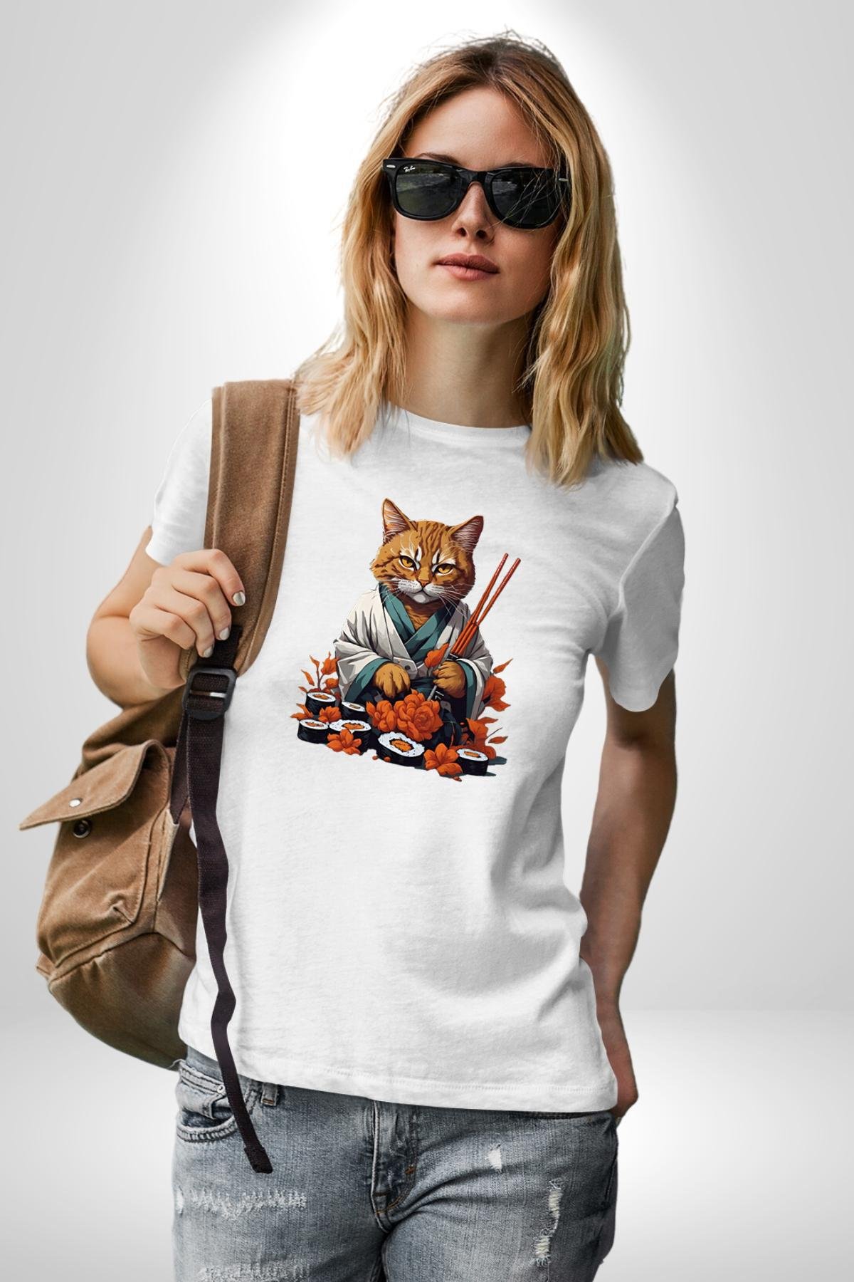 Suşi Balık Çiçek Japon Kedi  Kadın Erkek Unisex Beyaz Organik Baskılı T-Shirt