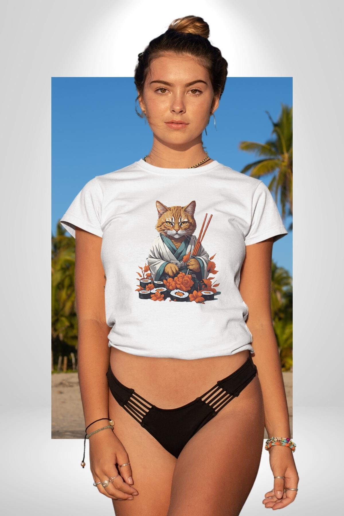 Suşi Balık Çiçek Japon Kedi  Kadın Erkek Unisex Beyaz Organik Baskılı T-Shirt