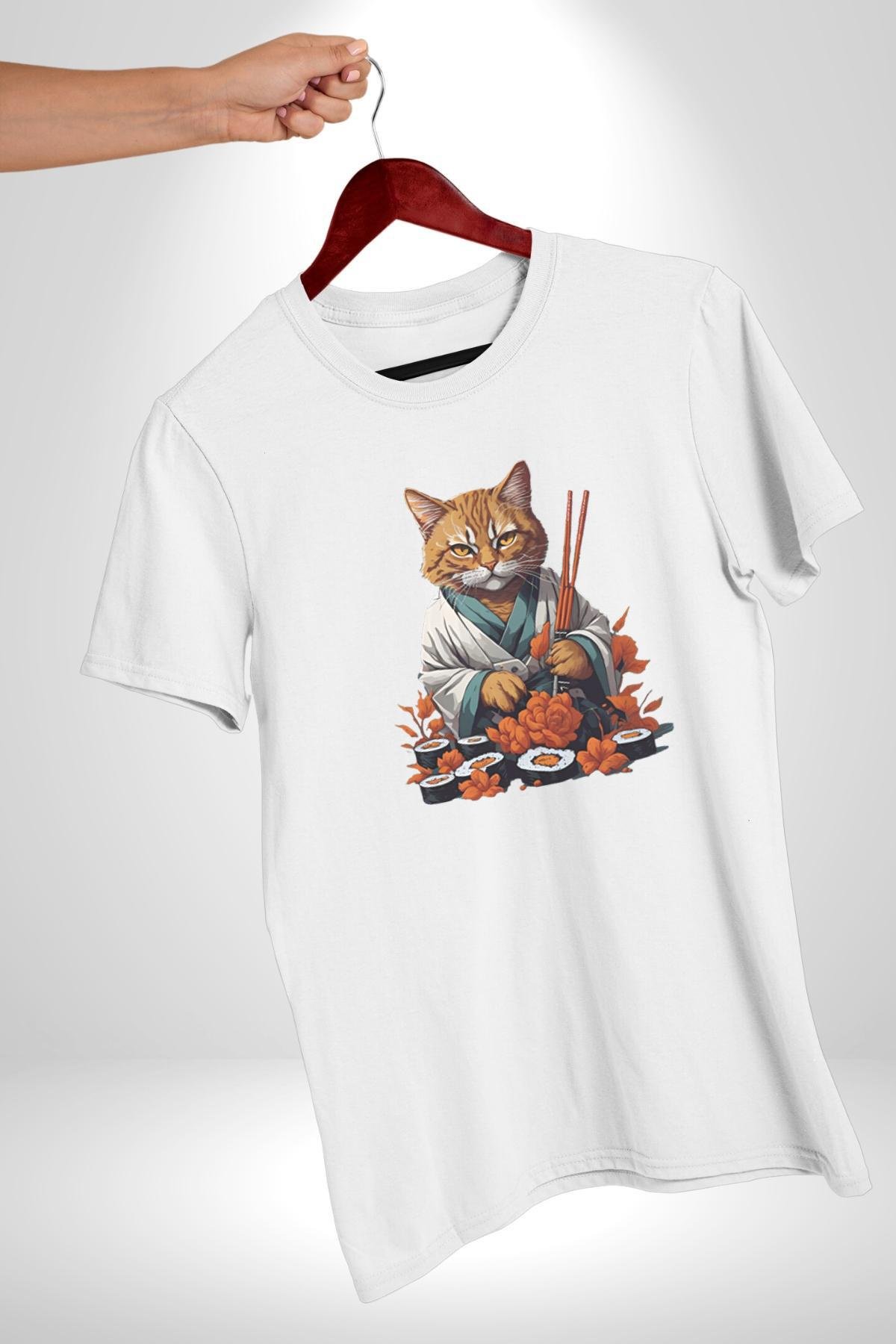 Suşi Balık Çiçek Japon Kedi  Kadın Erkek Unisex Beyaz Organik Baskılı T-Shirt