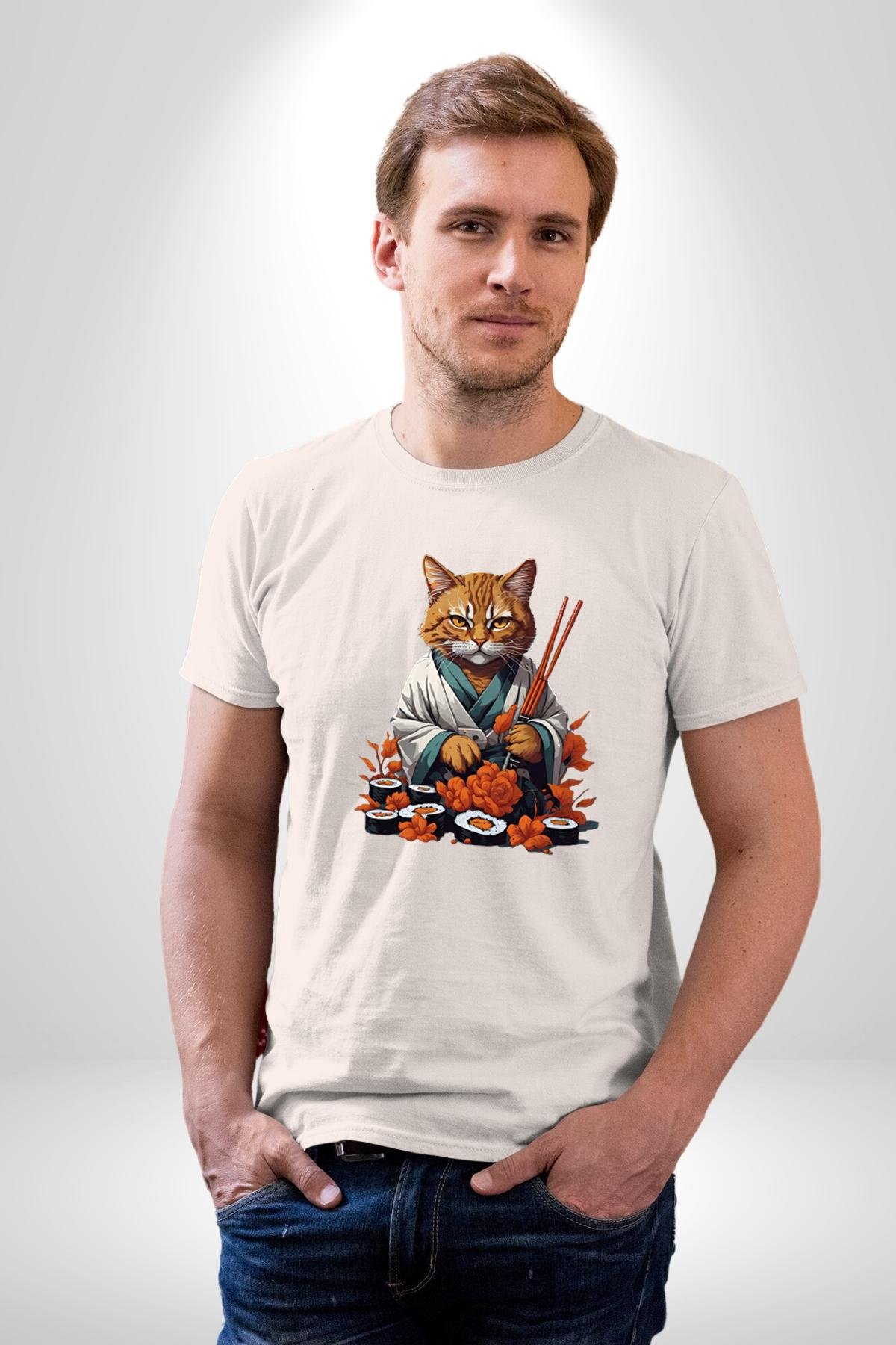 Suşi Balık Çiçek Japon Kedi  Kadın Erkek Unisex Beyaz Organik Baskılı T-Shirt