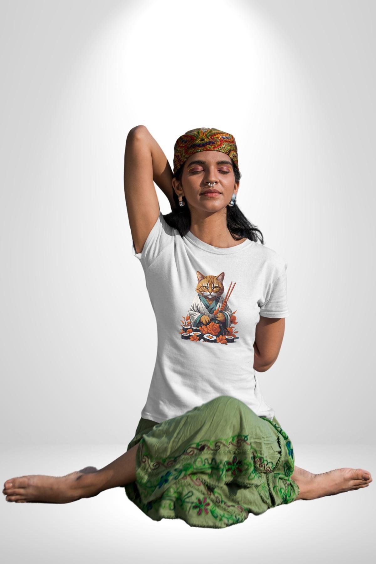 Suşi Balık Çiçek Japon Kedi  Kadın Erkek Unisex Beyaz Organik Baskılı T-Shirt