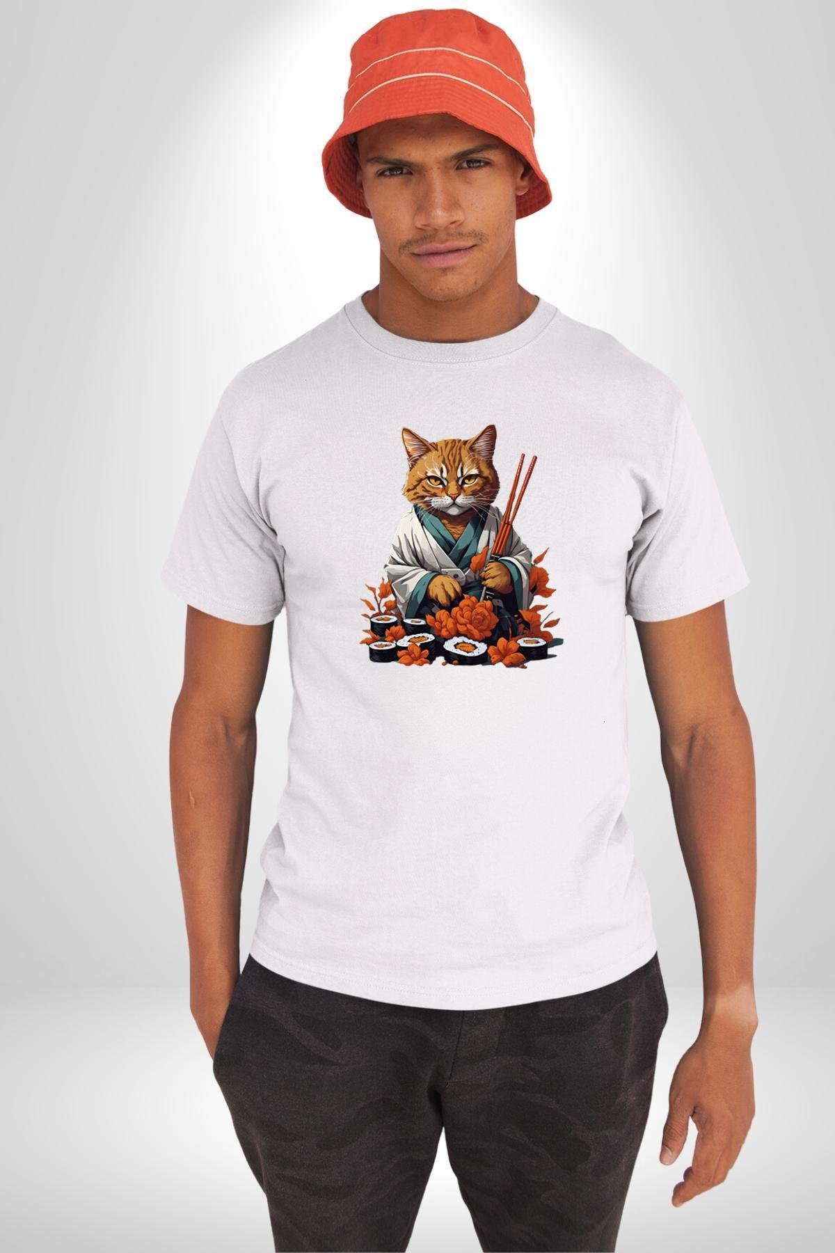 Suşi Balık Çiçek Japon Kedi  Kadın Erkek Unisex Beyaz Organik Baskılı T-Shirt