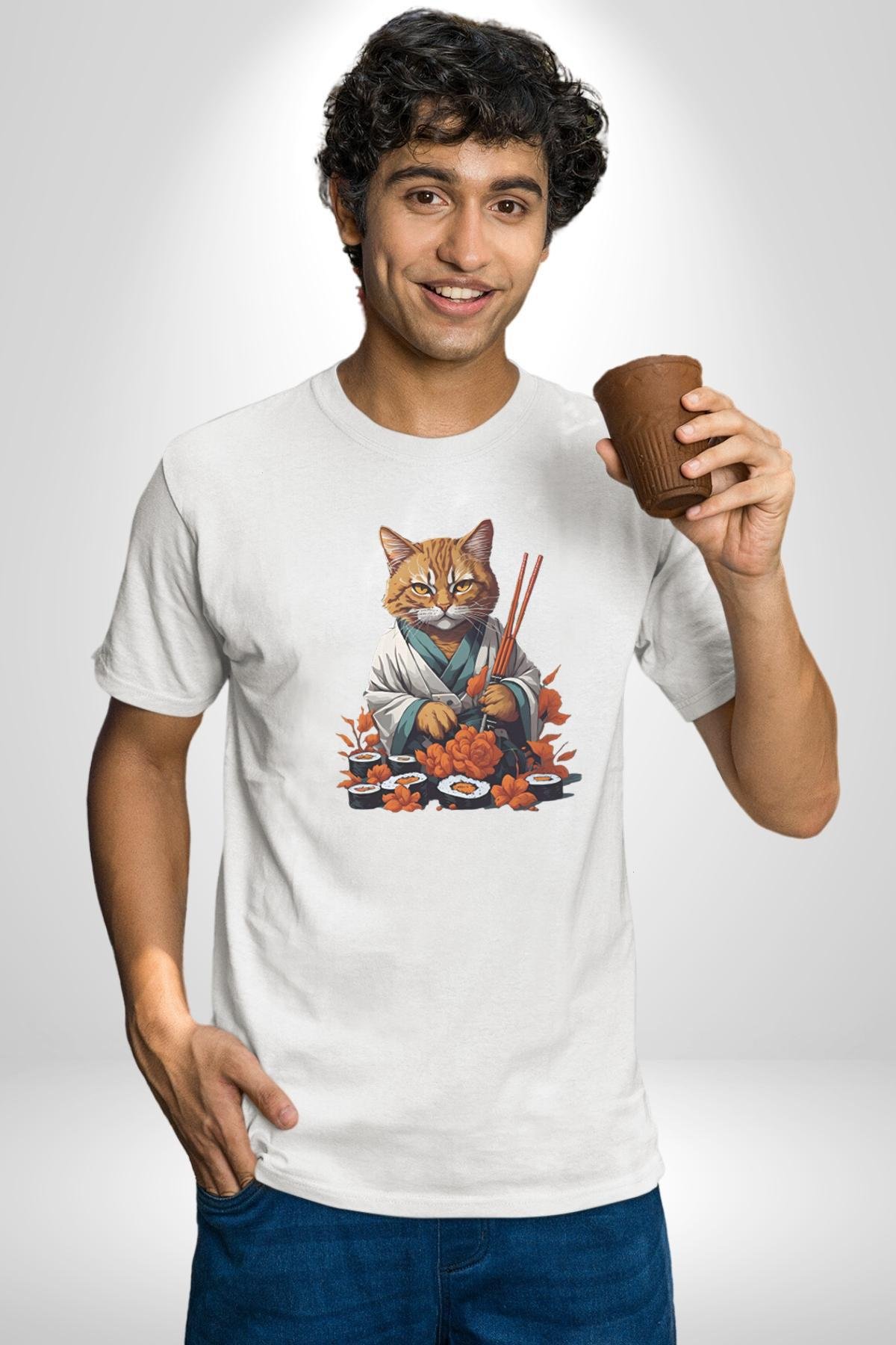Suşi Balık Çiçek Japon Kedi  Kadın Erkek Unisex Beyaz Organik Baskılı T-Shirt