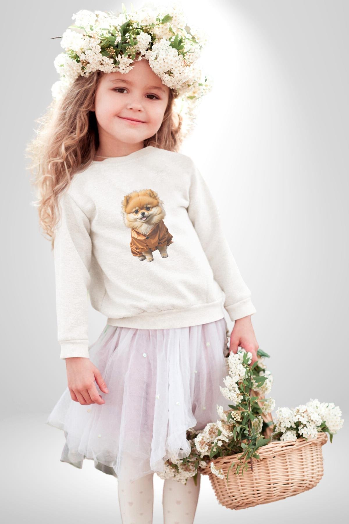 Teacup Pomernian Çeket  Kadın Erkek Çocuk Beyaz Baskılı Sweatshirt 