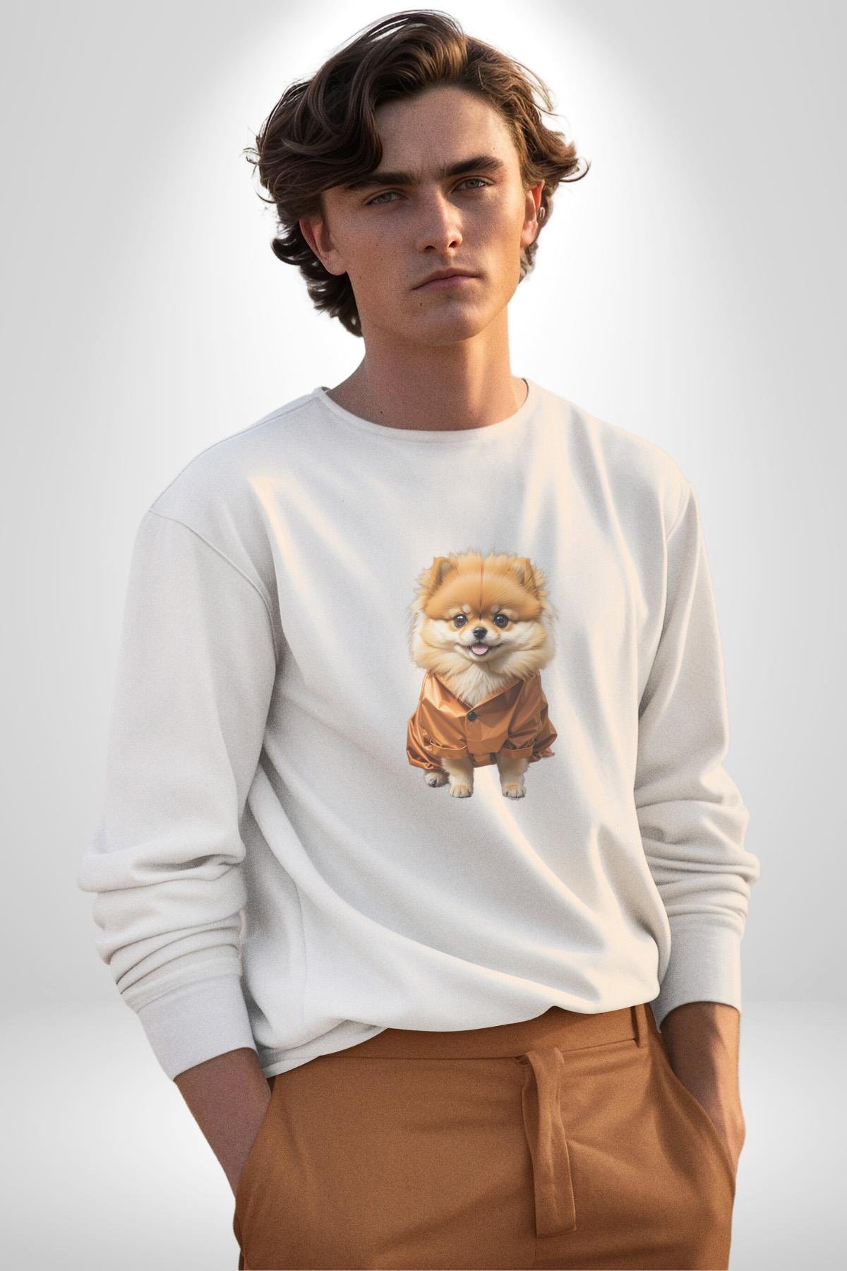 Teacup Pomernian Çeket  Kadın Erkek Çocuk Beyaz Baskılı Sweatshirt 