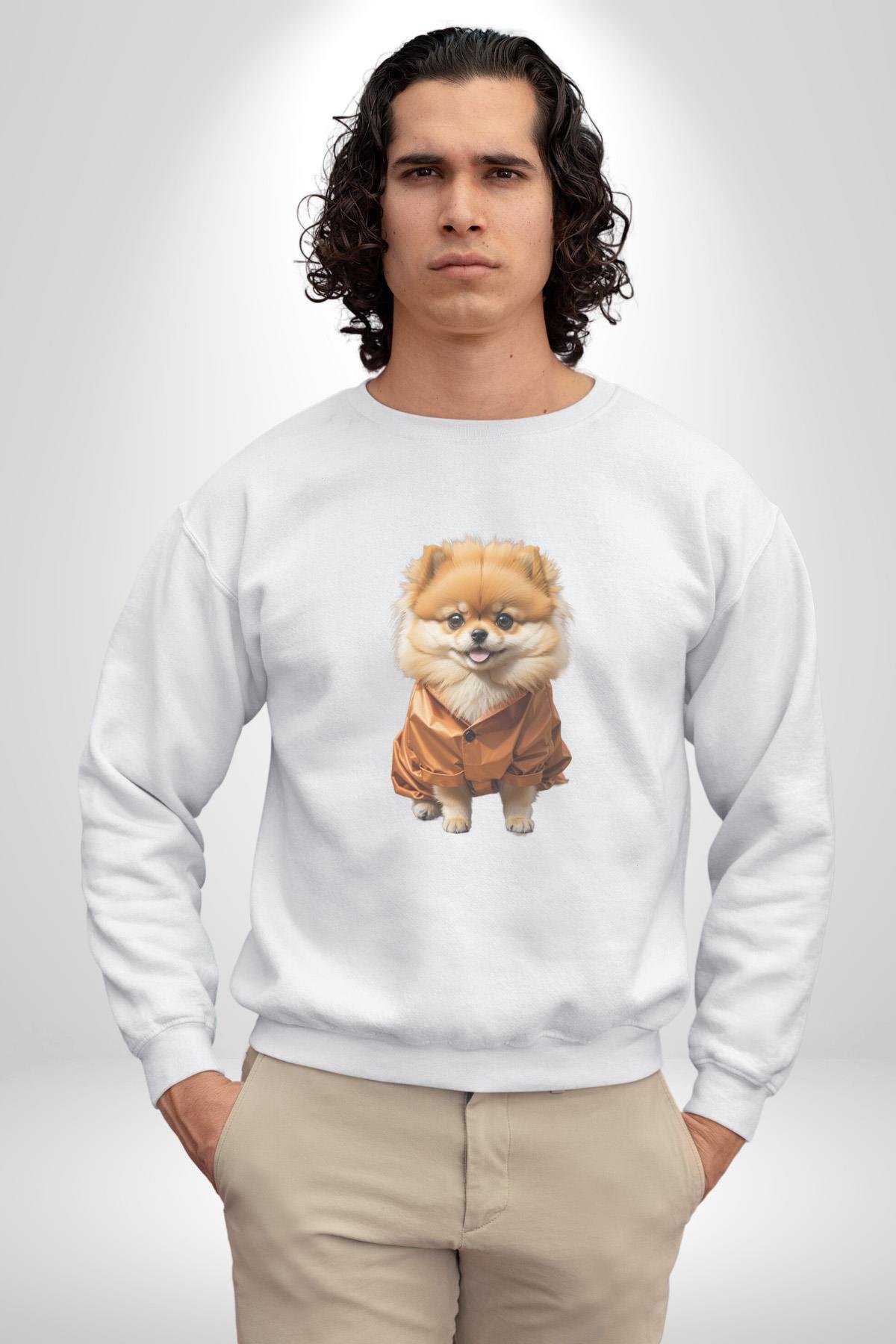 Teacup Pomernian Çeket  Kadın Erkek Çocuk Beyaz Baskılı Sweatshirt 