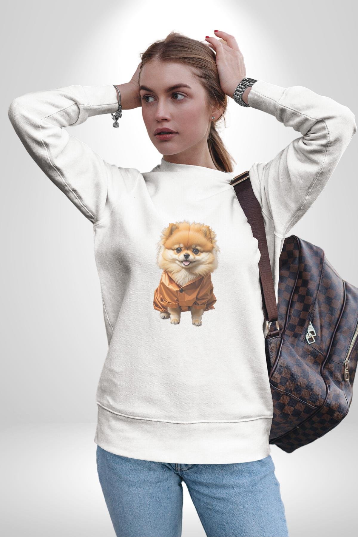 Teacup Pomernian Çeket  Kadın Erkek Çocuk Beyaz Baskılı Sweatshirt 