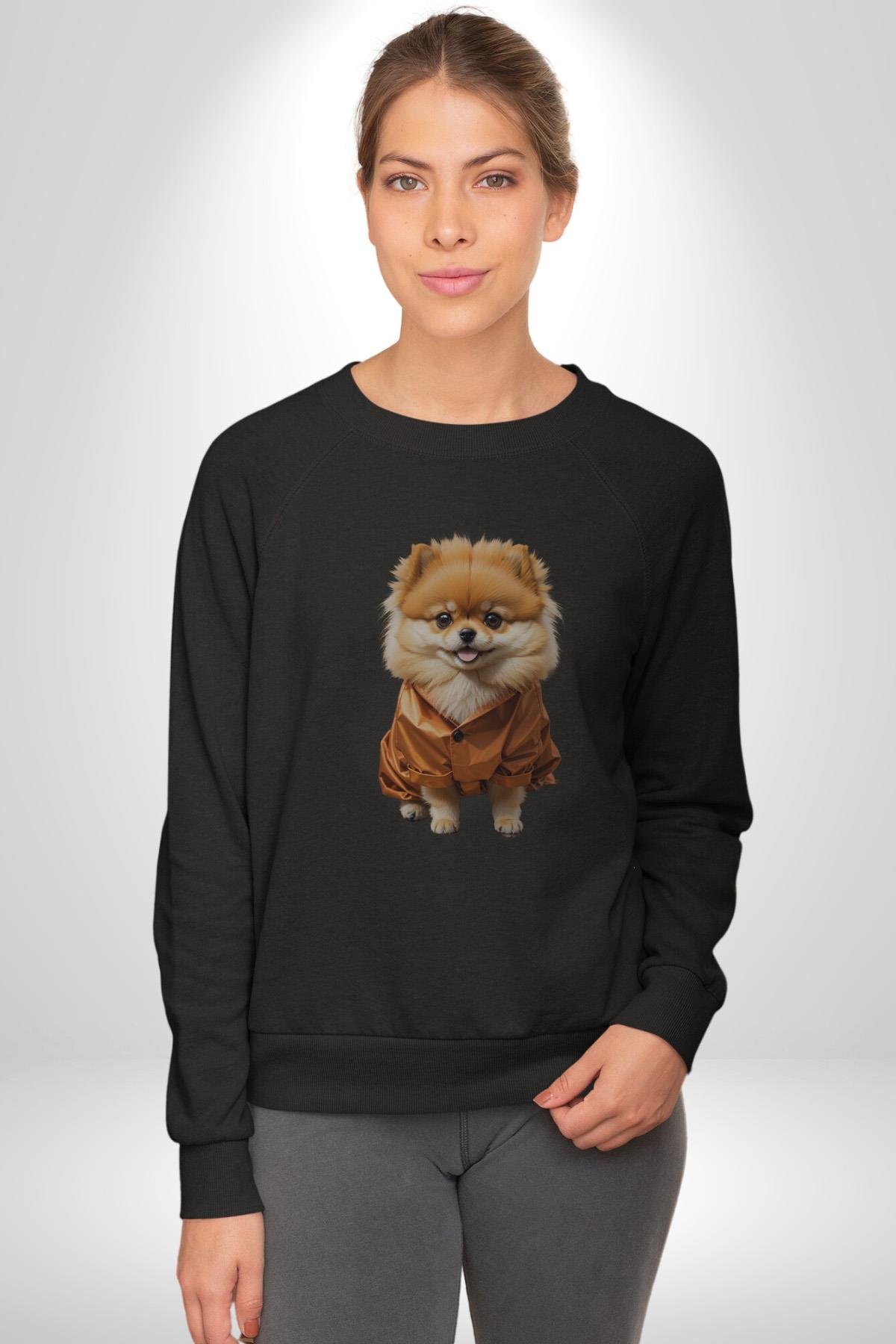 Teacup Pomernian Çeket  Kadın Erkek Çocuk Siyah Baskılı Sweatshirt 