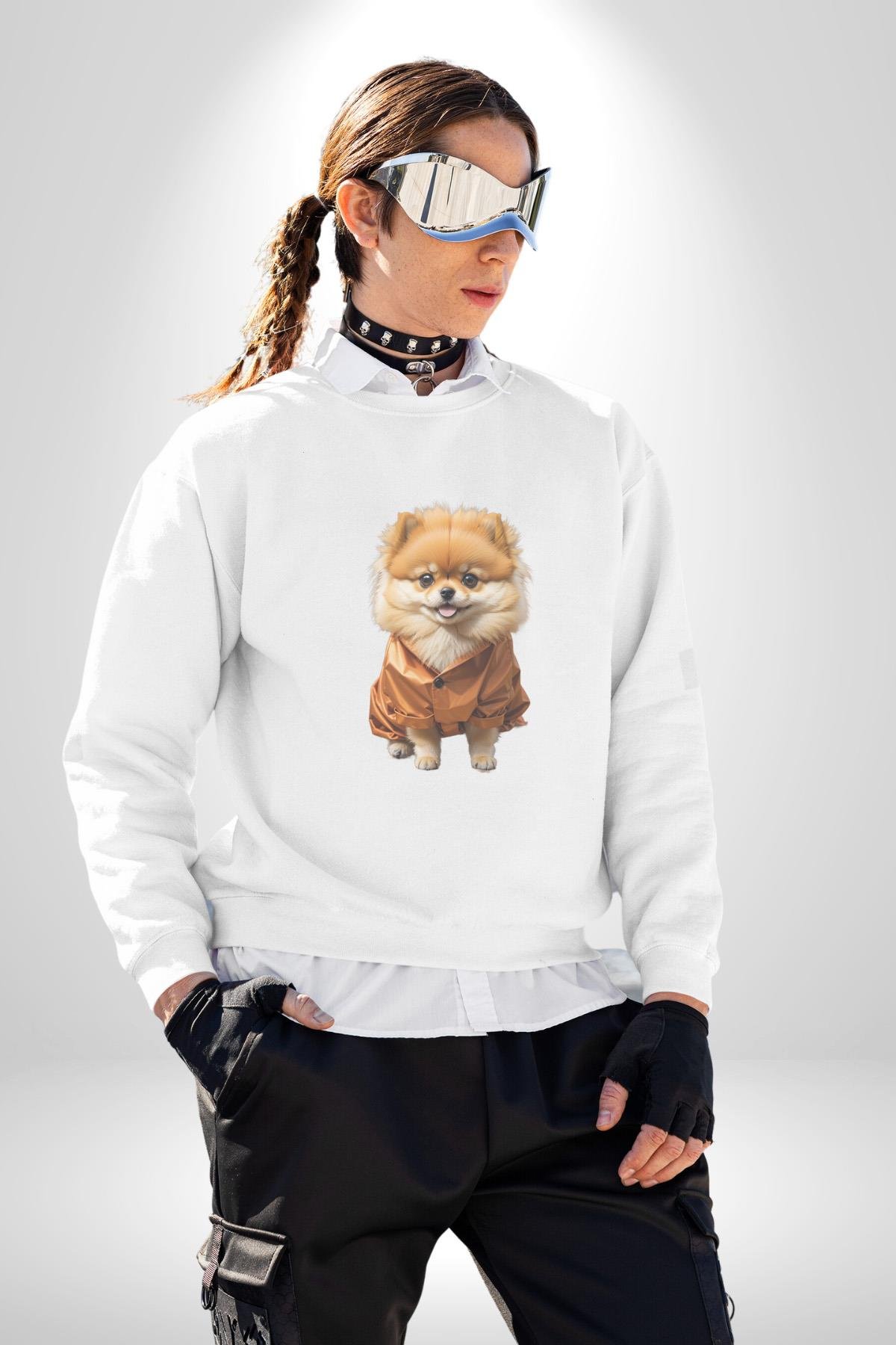 Teacup Pomernian Çeket  Kadın Erkek Çocuk Beyaz Baskılı Sweatshirt 