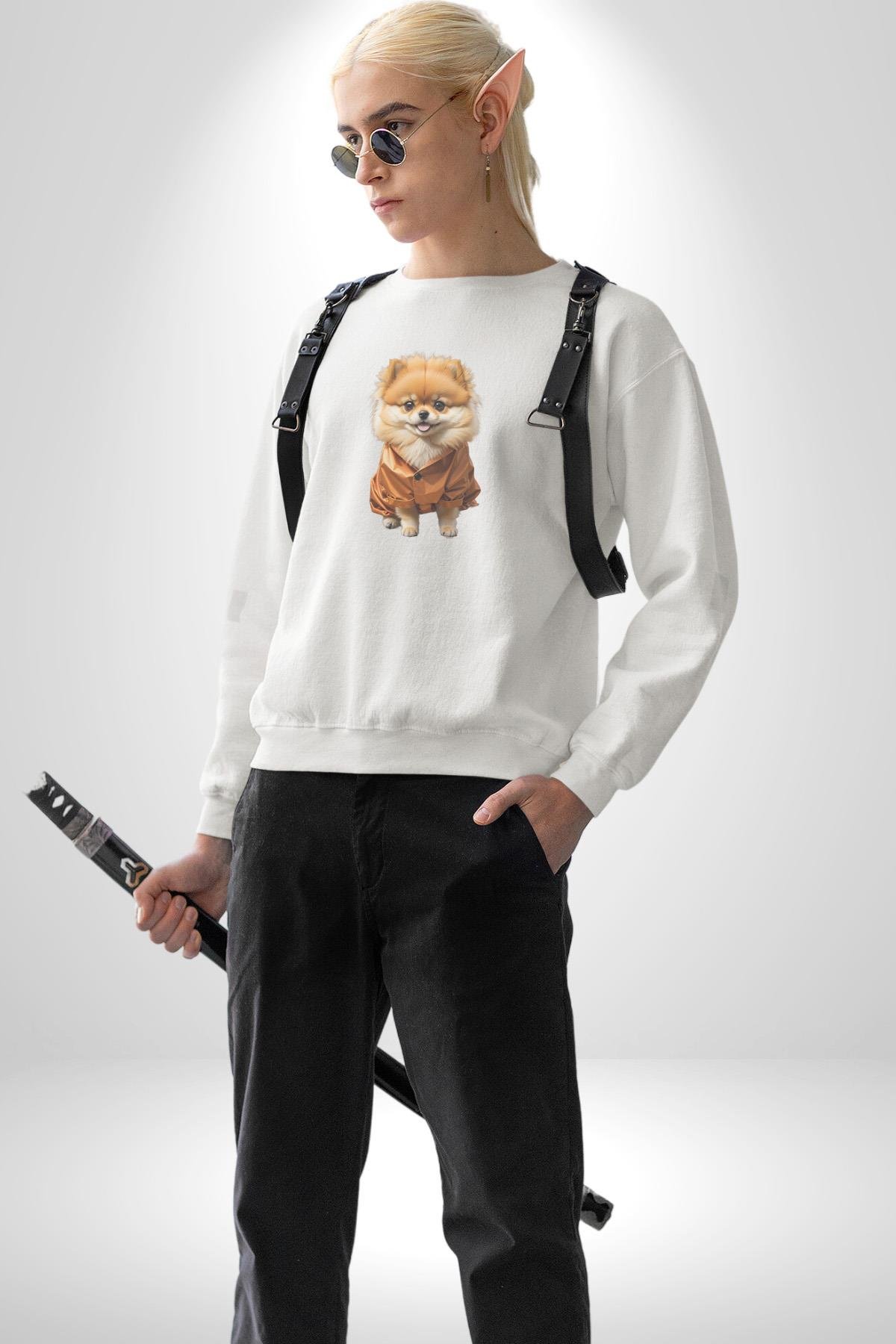 Teacup Pomernian Çeket  Kadın Erkek Çocuk Beyaz Baskılı Sweatshirt 
