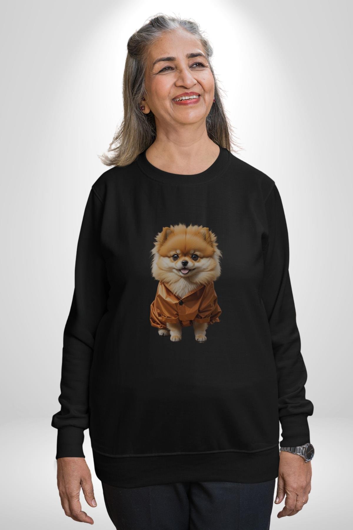 Teacup Pomernian Çeket  Kadın Erkek Çocuk Siyah Baskılı Sweatshirt 