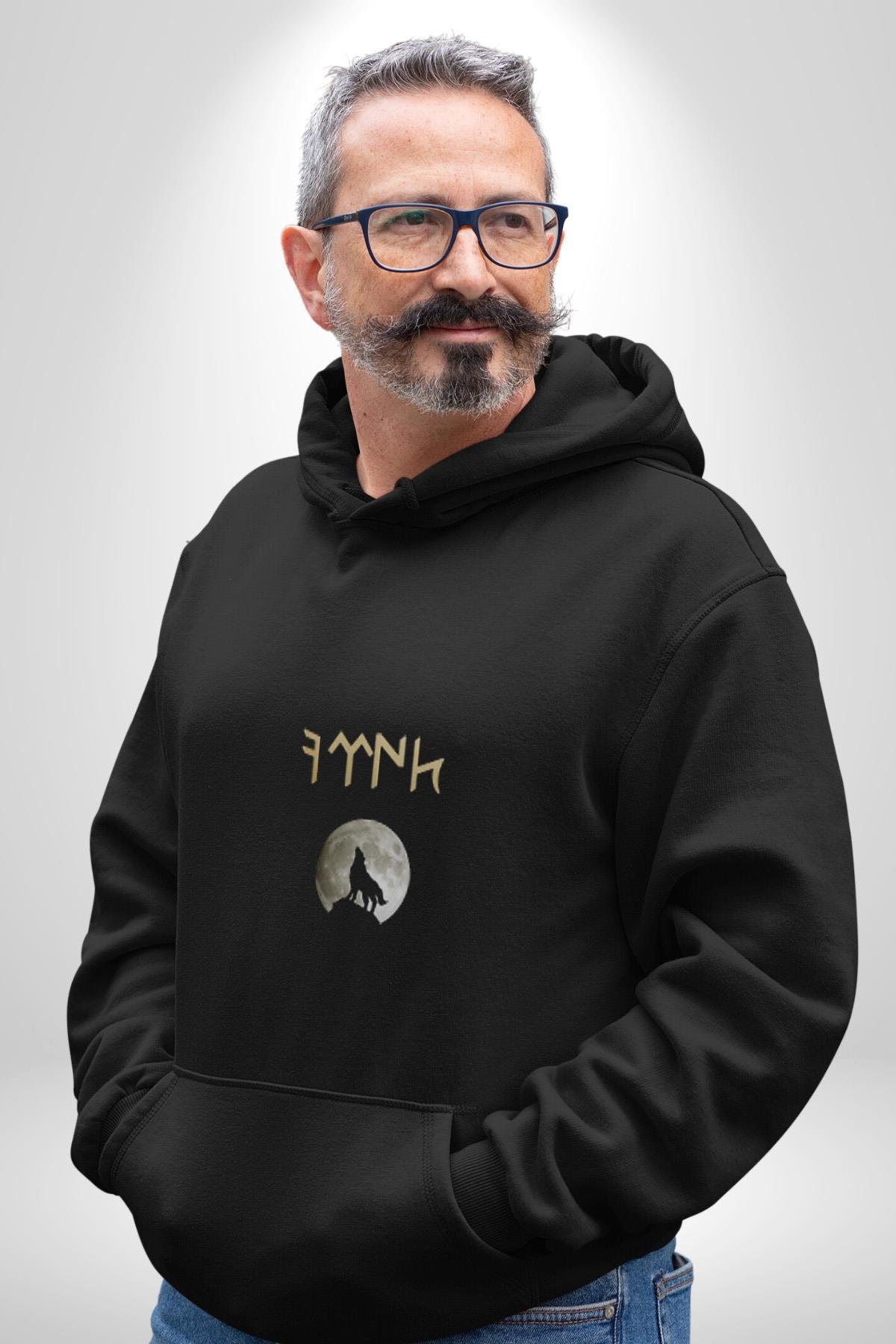Türk Kurt Beyaz Ay Kadın Erkek Çocuk Siyah Kapüşonlu Sweatshirt Hoodie
