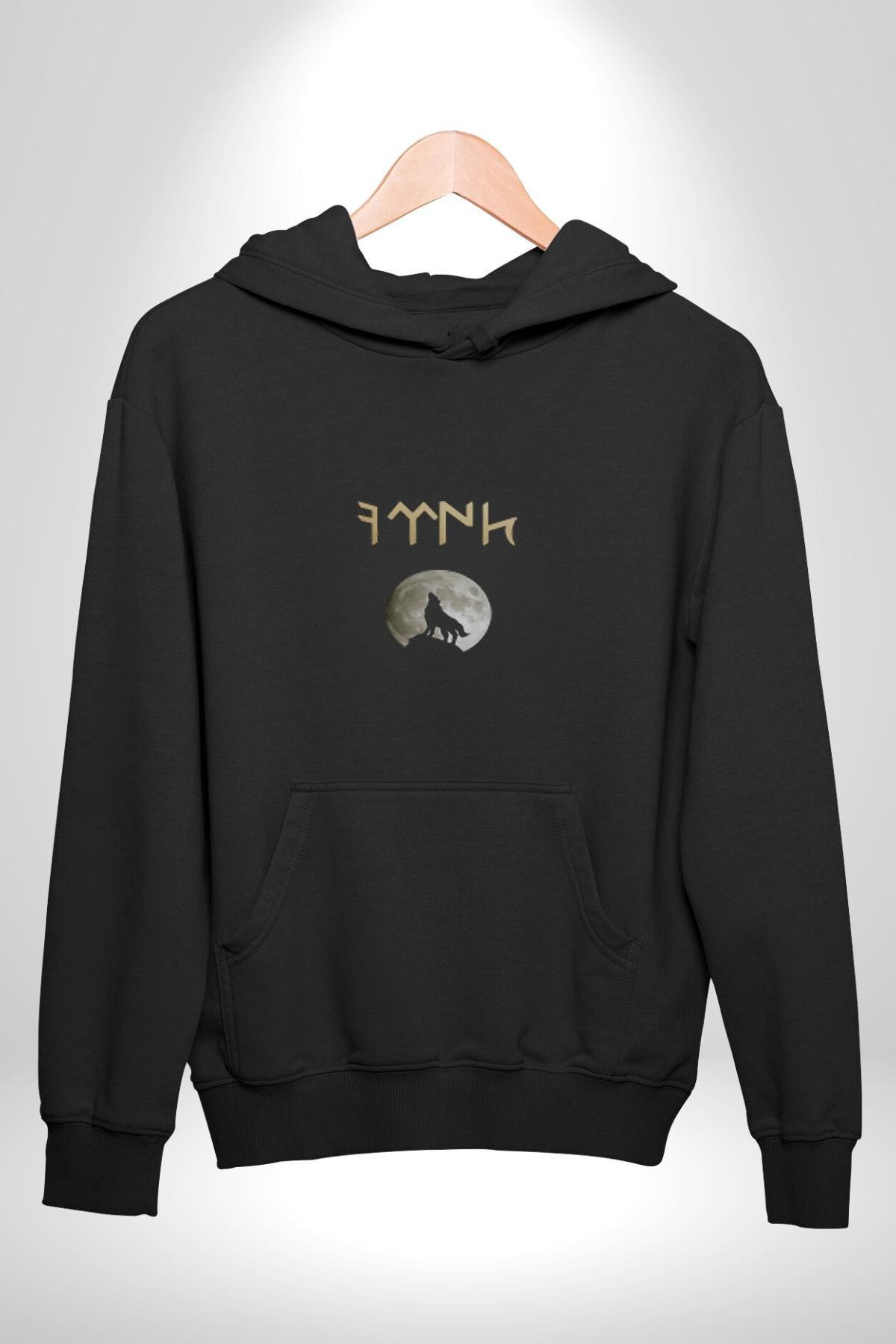 Türk Kurt Beyaz Ay Kadın Erkek Çocuk Siyah Kapüşonlu Sweatshirt Hoodie