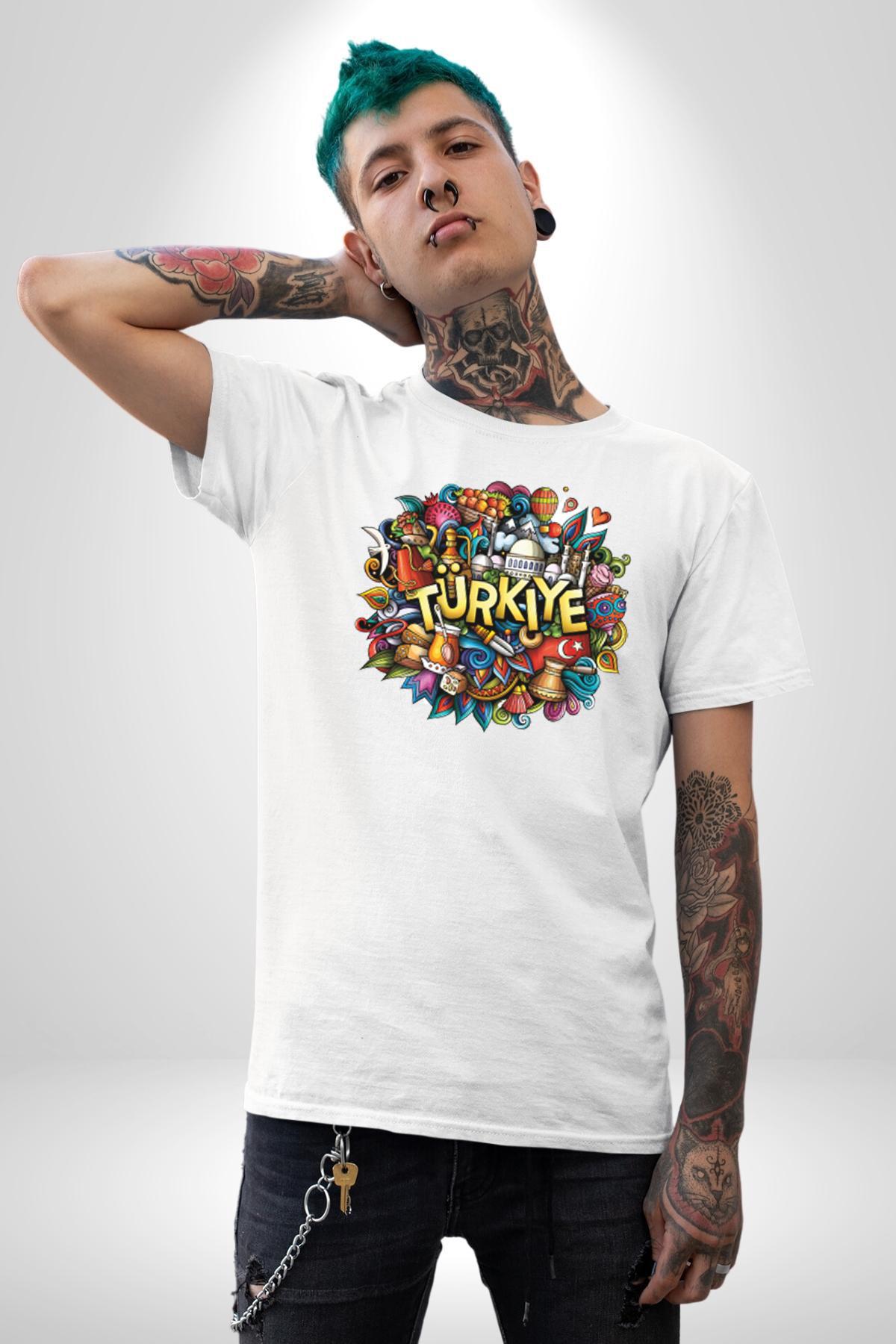 Turkiye Özel Karakterleri Kadın Erkek Unisex Beyaz Organik Baskılı T-Shirt Penye Yüksek Kalite