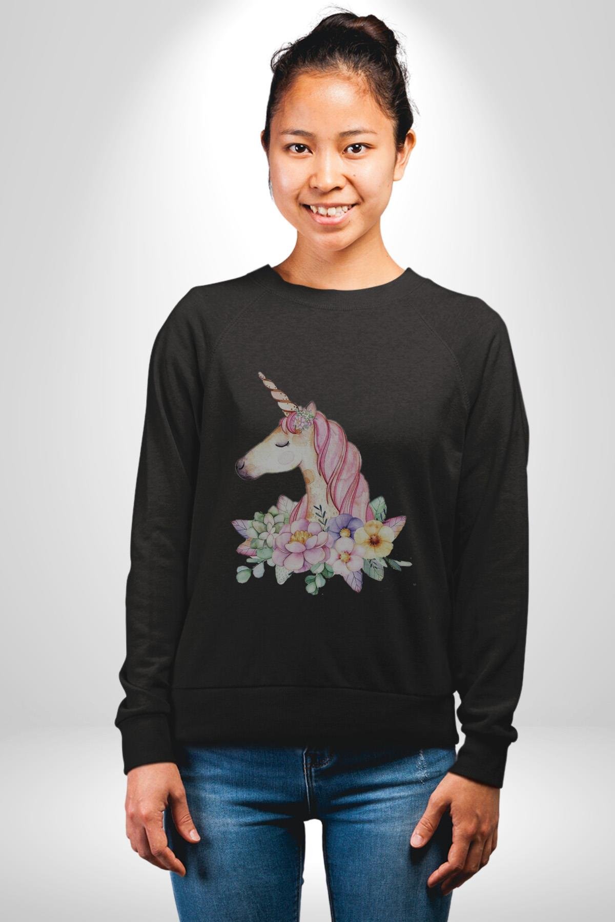Unicorn Çiçek  Kadın Erkek Çocuk Siyah Baskılı Sweatshirt 