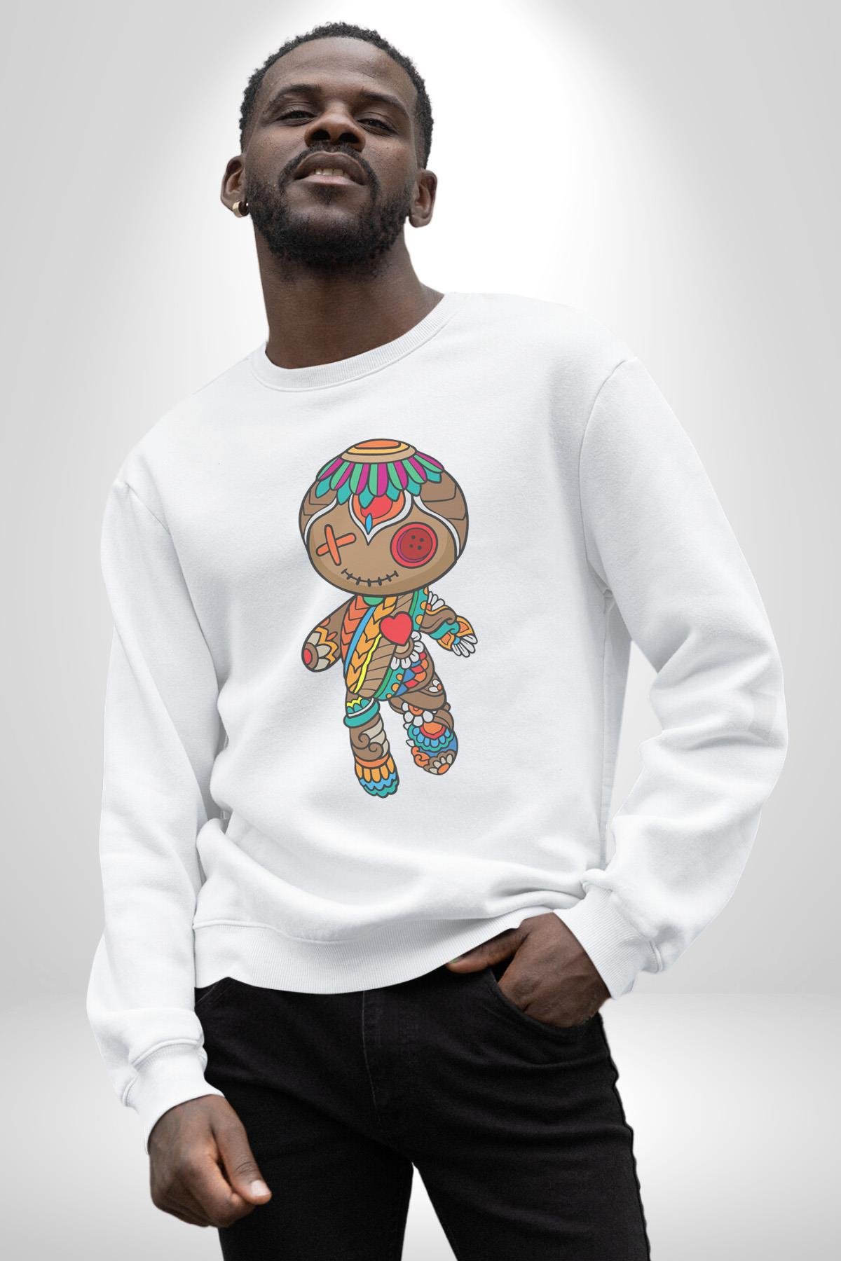Voofoo Bebeği Doll Doldurulmuş Bebek Kadın Erkek  Beyaz Baskılı Sweatshirt 