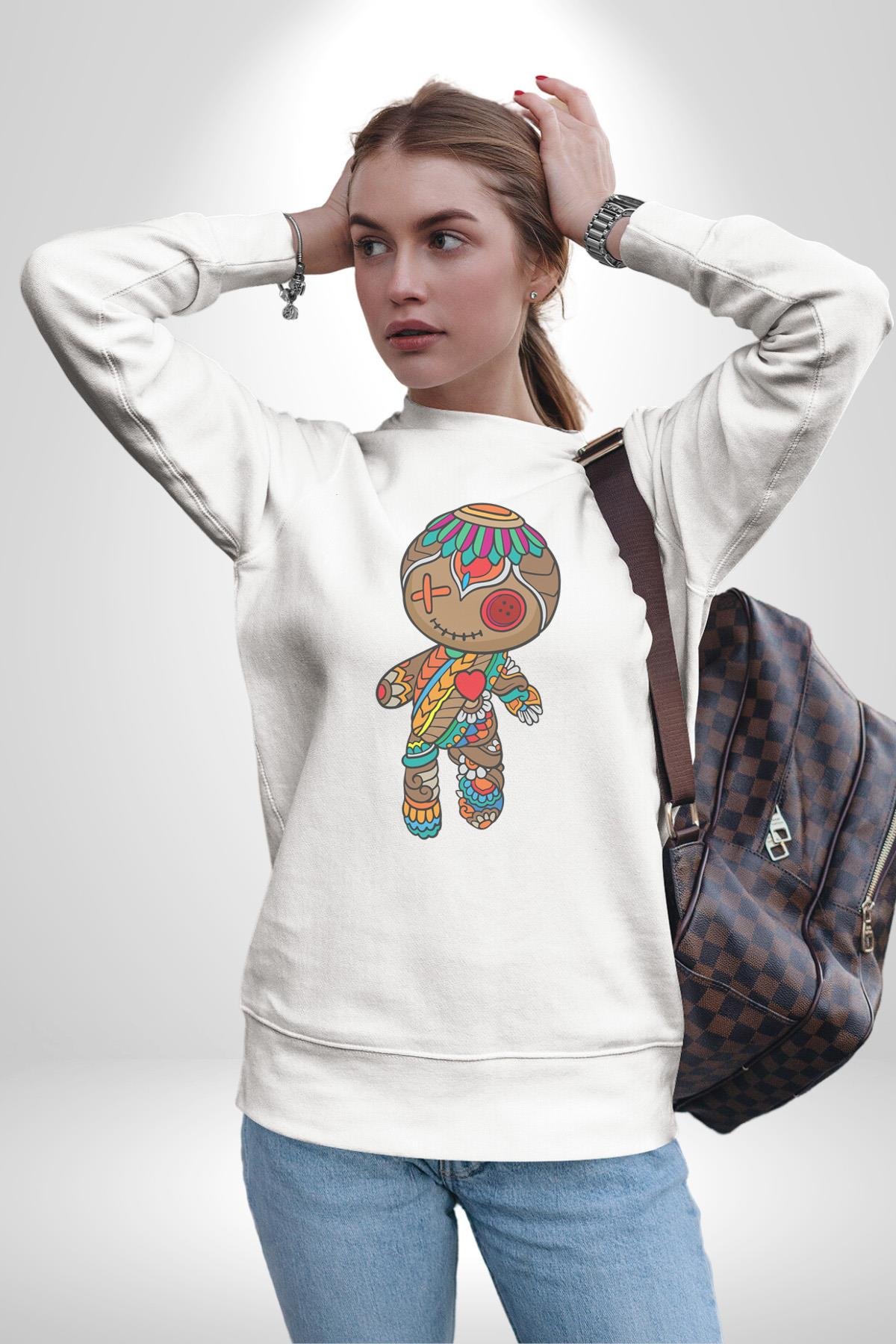 Voofoo Bebeği Doll Doldurulmuş Bebek Kadın Erkek  Beyaz Baskılı Sweatshirt 