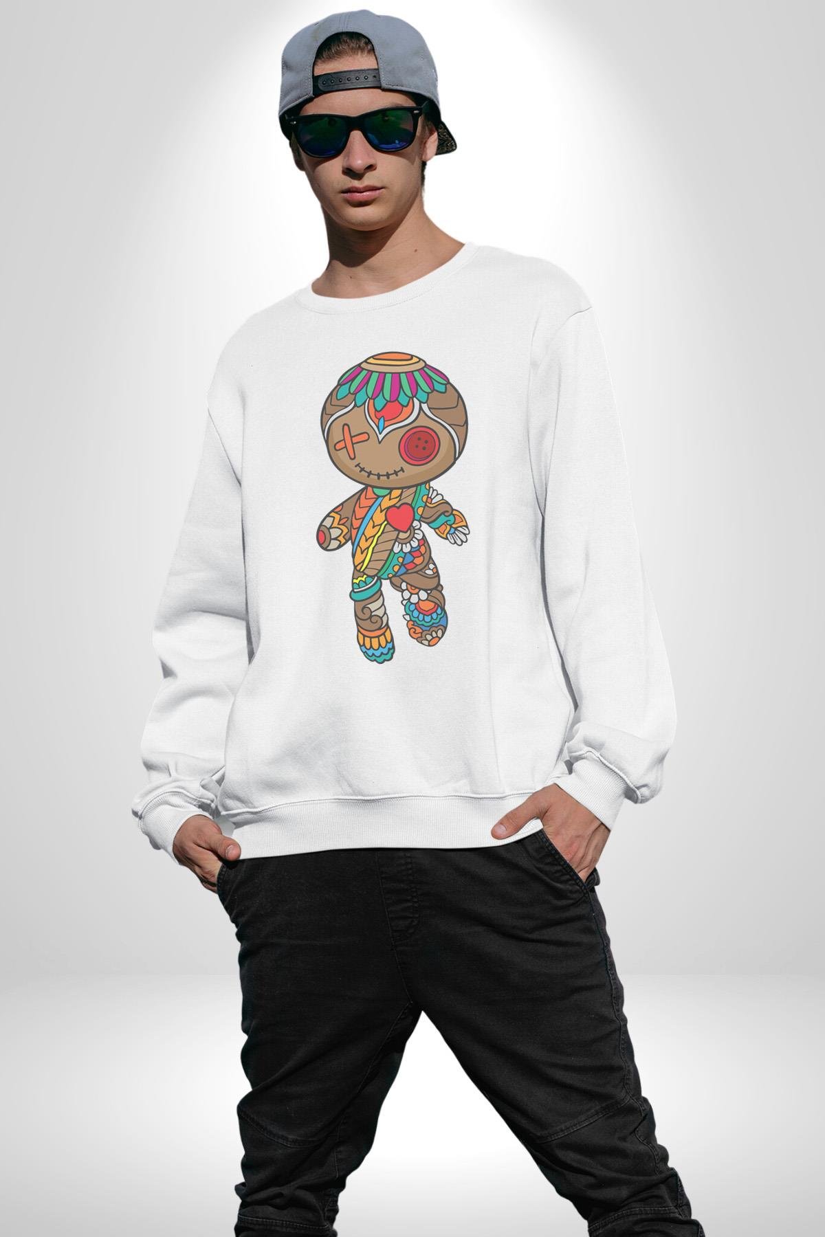 Voofoo Bebeği Doll Doldurulmuş Bebek Kadın Erkek  Beyaz Baskılı Sweatshirt 
