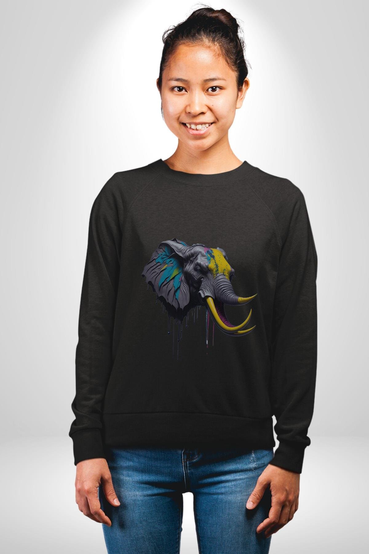 Yağlı Boya Elma Kadın Erkek Çocuk Siyah Baskılı Sweatshirt 