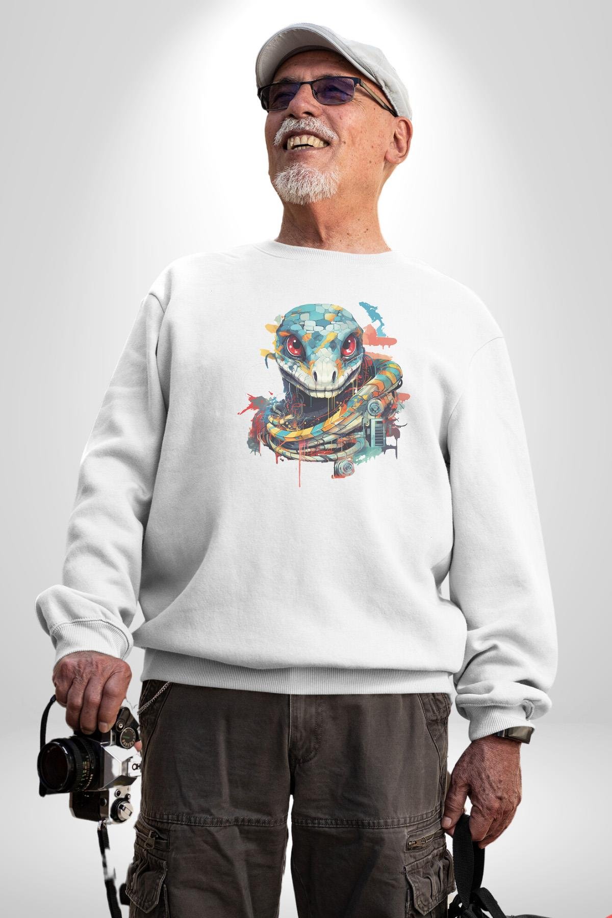 Yapay Zeka Sanal Yılan  Kadın Erkek  Beyaz Baskılı Sweatshirt 