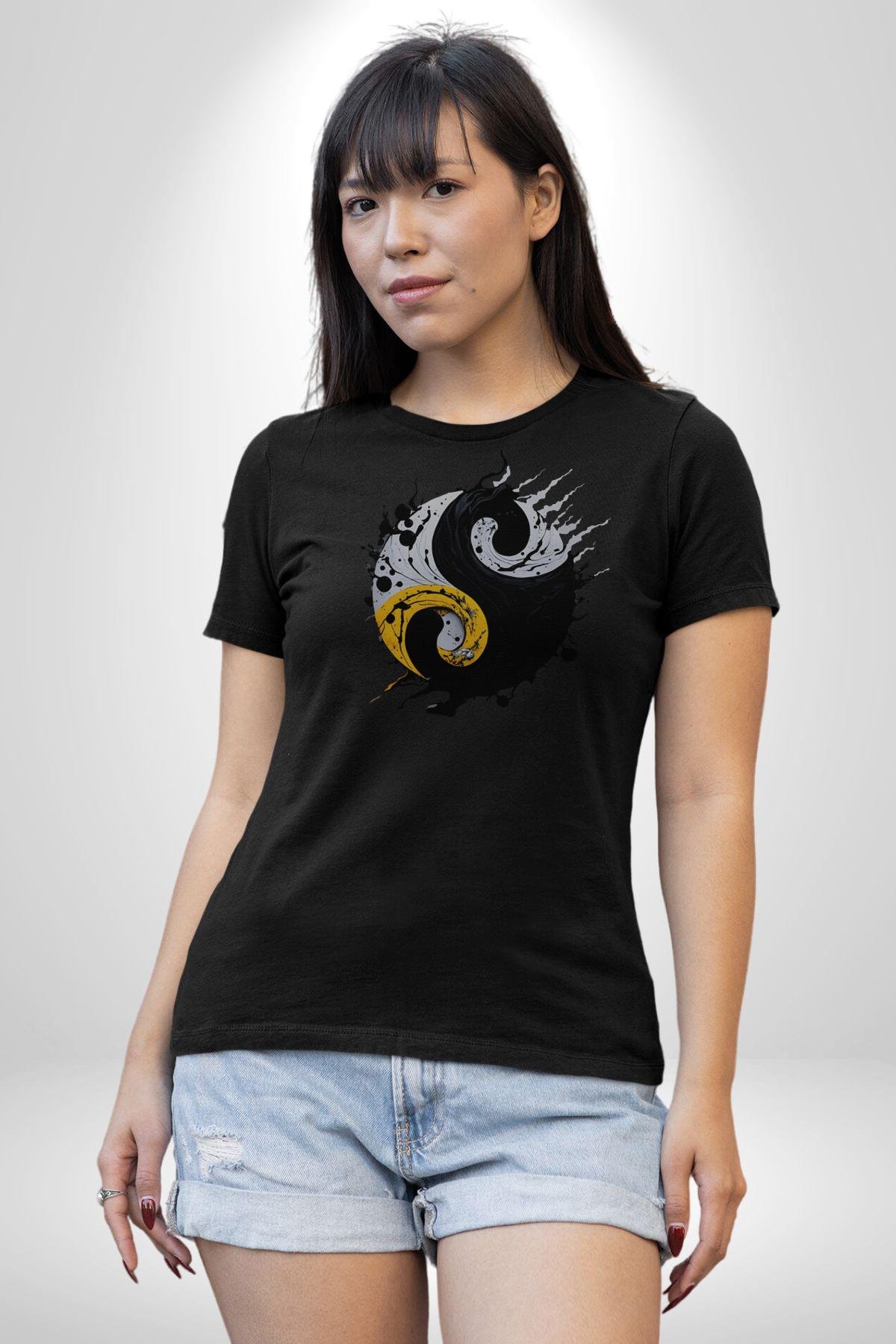 Yin İle Yang Kuramı   Kadın Erkek Unisex Siyah Organik Baskılı T-Shirt