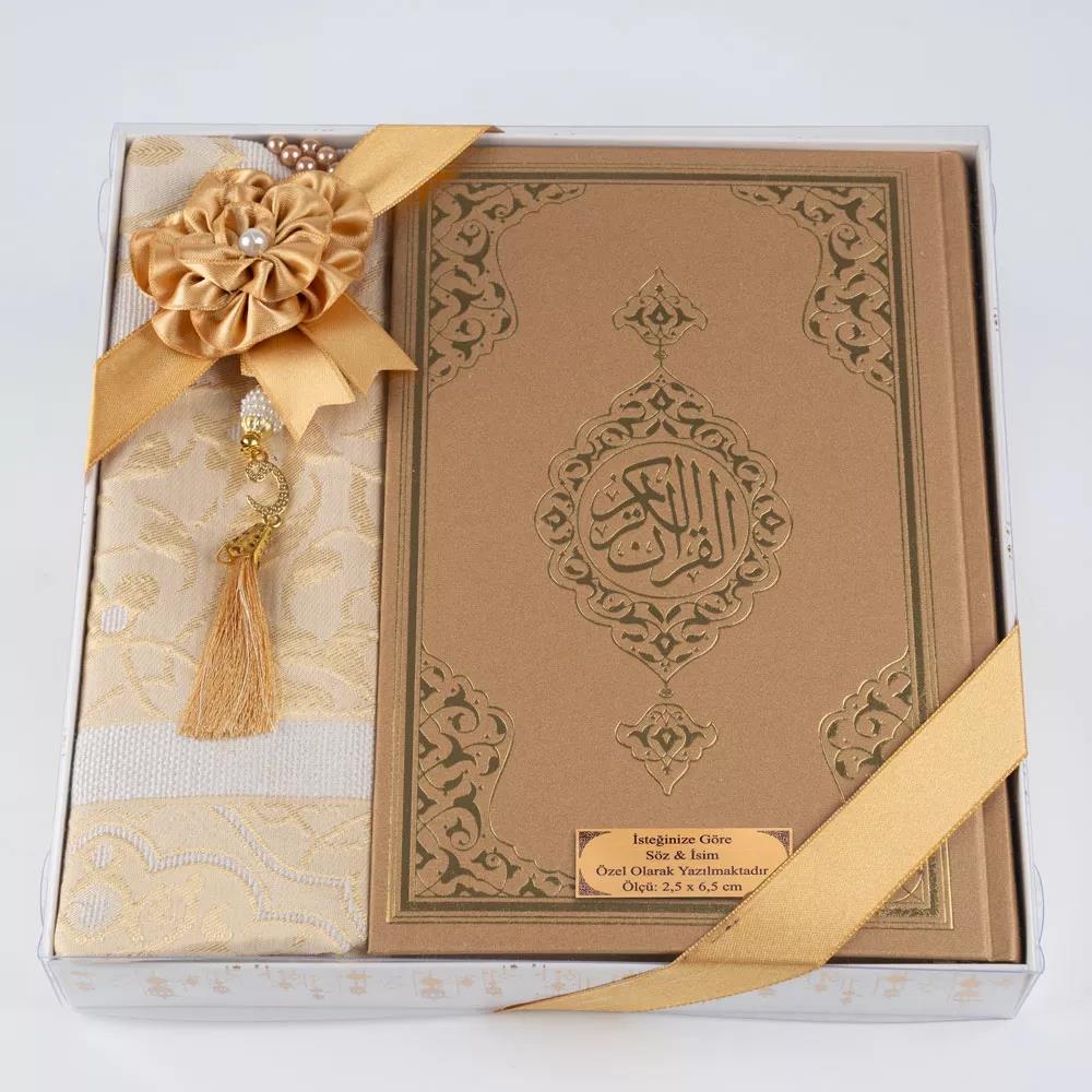 Kuran +  Seccade +  Tesbih Hediye Seti (Orta Boy, Ekonomik Cilt, Desenli Kutu, Gold)