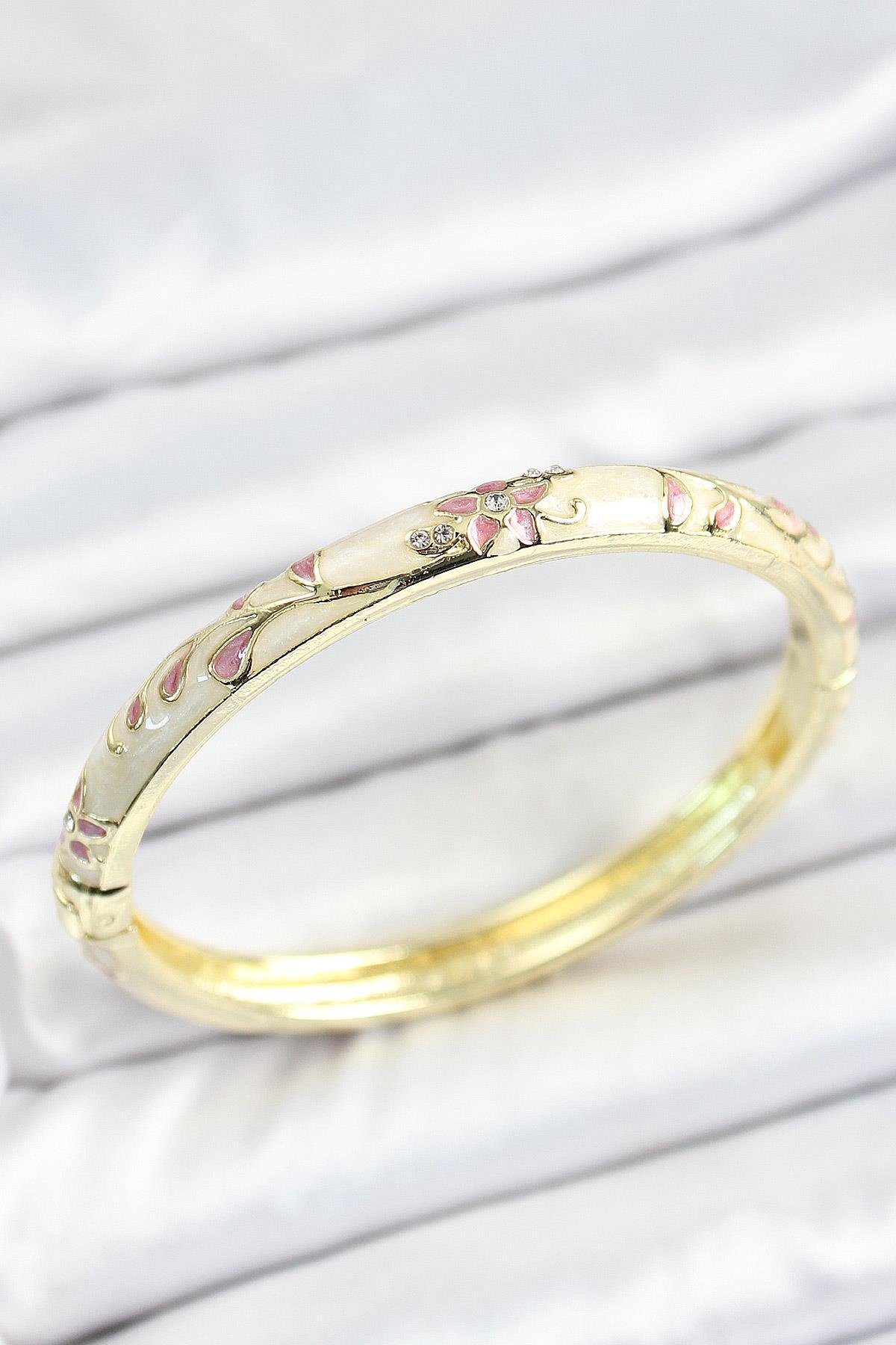 Mineli Pirinç Zirkon Taşlı Pembe Çiçek Desenli Gold Renk Kadın Kelepçe