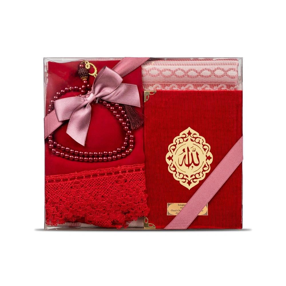 Şal + Seccade + Tesbih + Yasin Hediye Seti (Çanta Boy, Şems Lafzatullah, Raşel Cilt, Kırmızı)