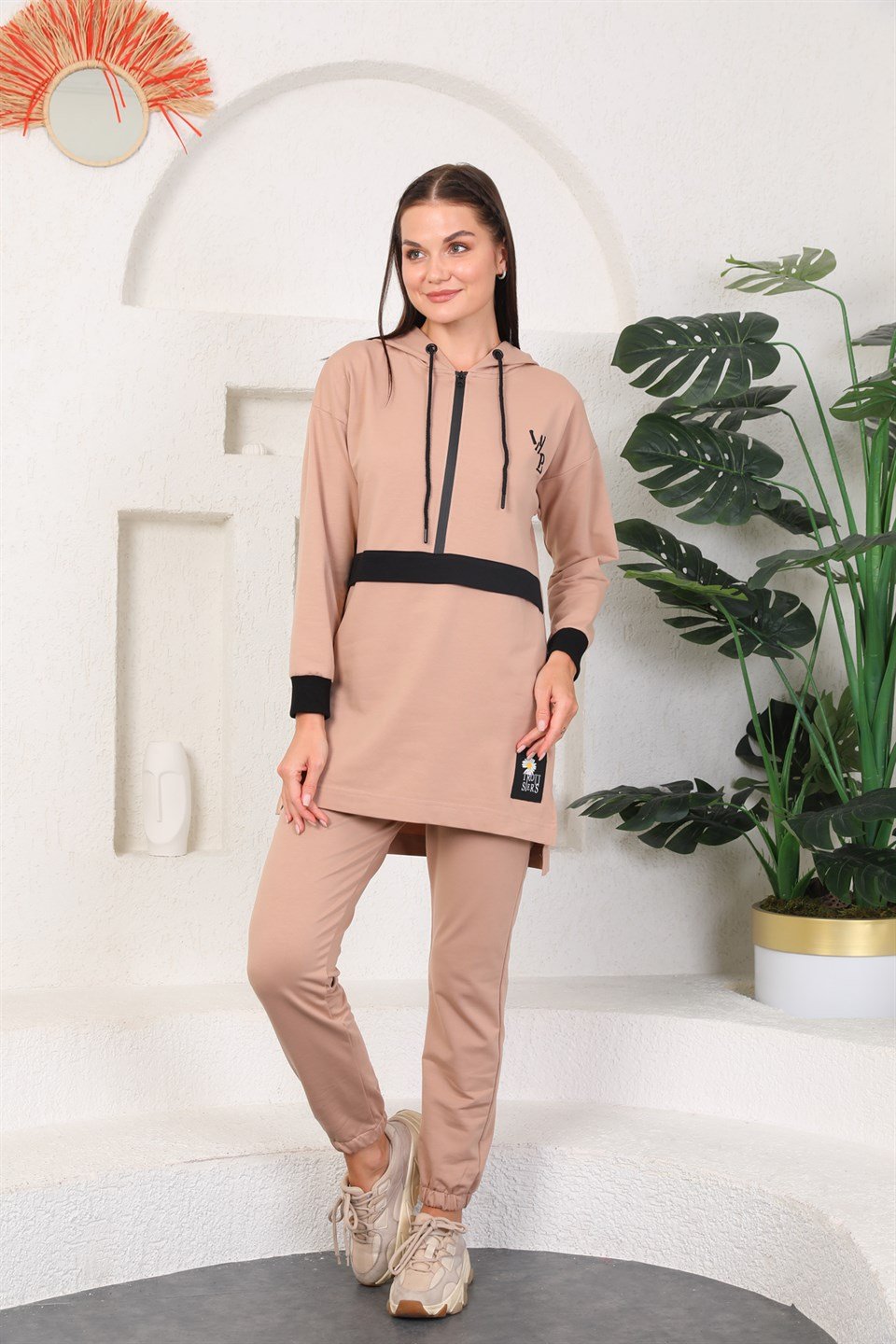 610--7-l - Vizon Renk Kadın Kapüşonlu Sweatshirt - Jogger  Spor Takım -westbound