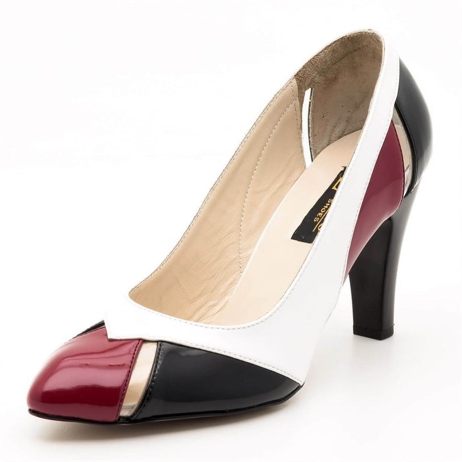US1954 White & Bordeaux Faux Leather Large Size Mid-Heel Premier Women's Shoes