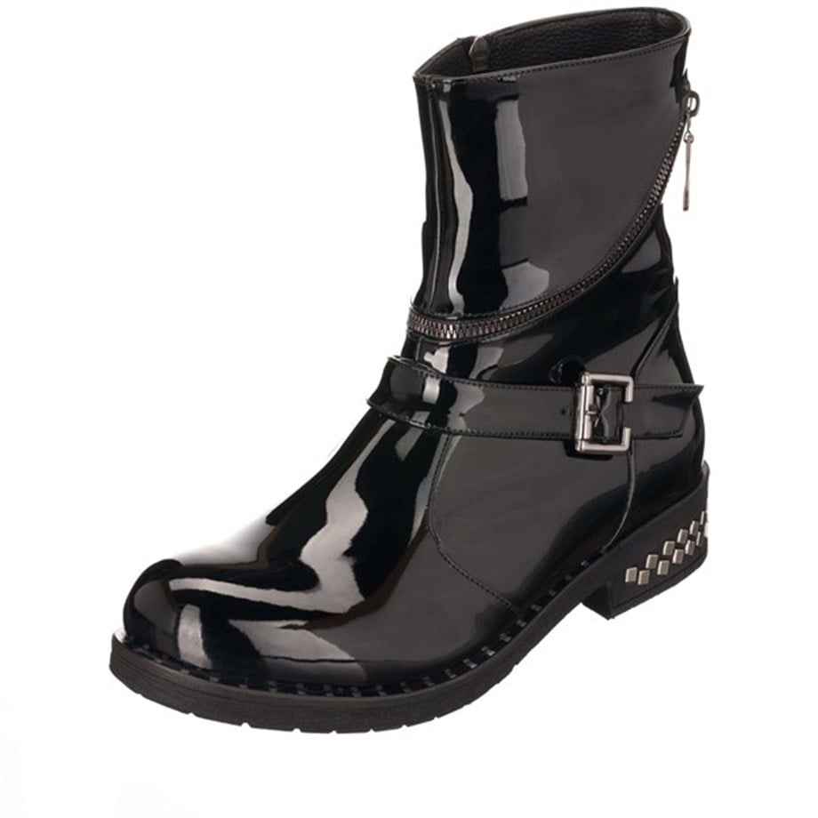 USNR1523 Black Faux Patent Leather Large Size Belt Buckle Exclusive Women's Boots 
